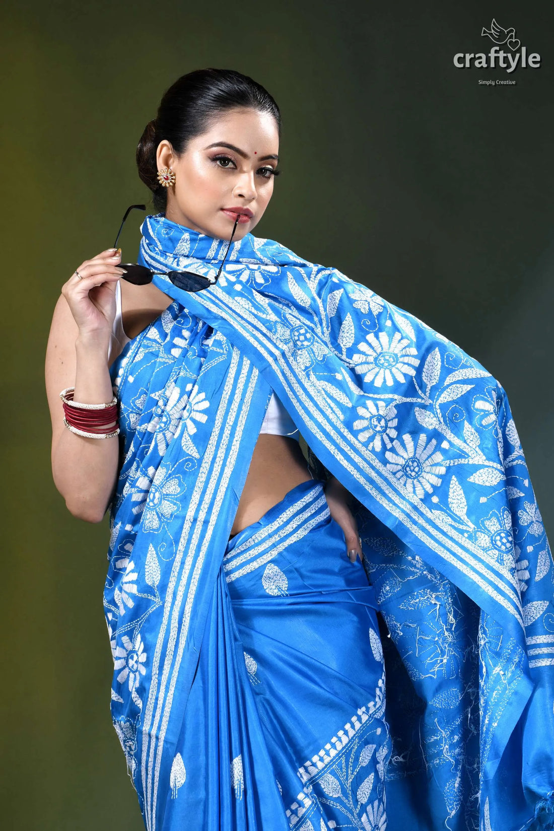 Dark sky blue white thread floral silk kantha stitch saree vibrant blue saree intricate white 2