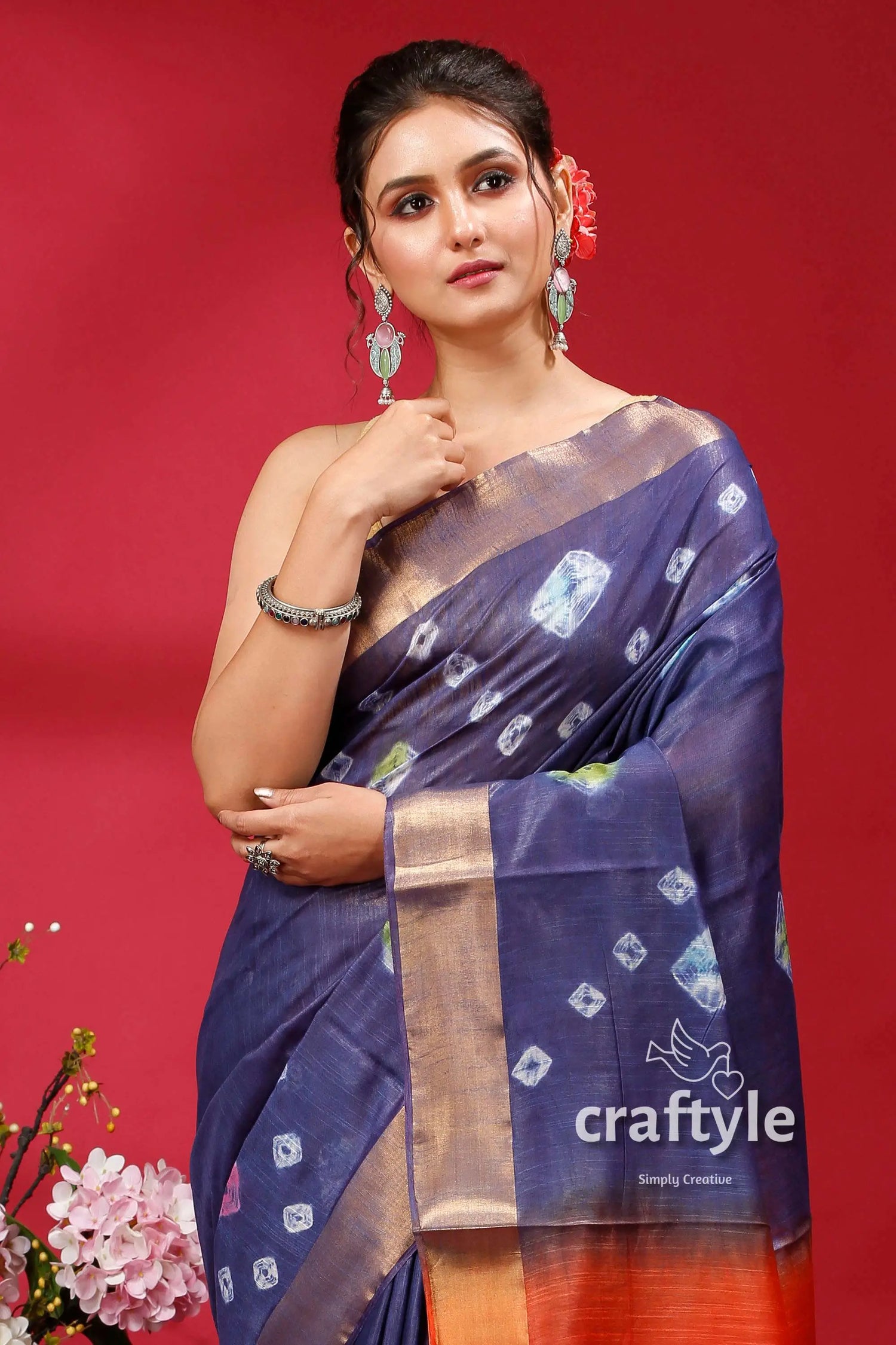 Dark slate blue bandhni silk saree - indian ethnic wear blue patterned saree 2