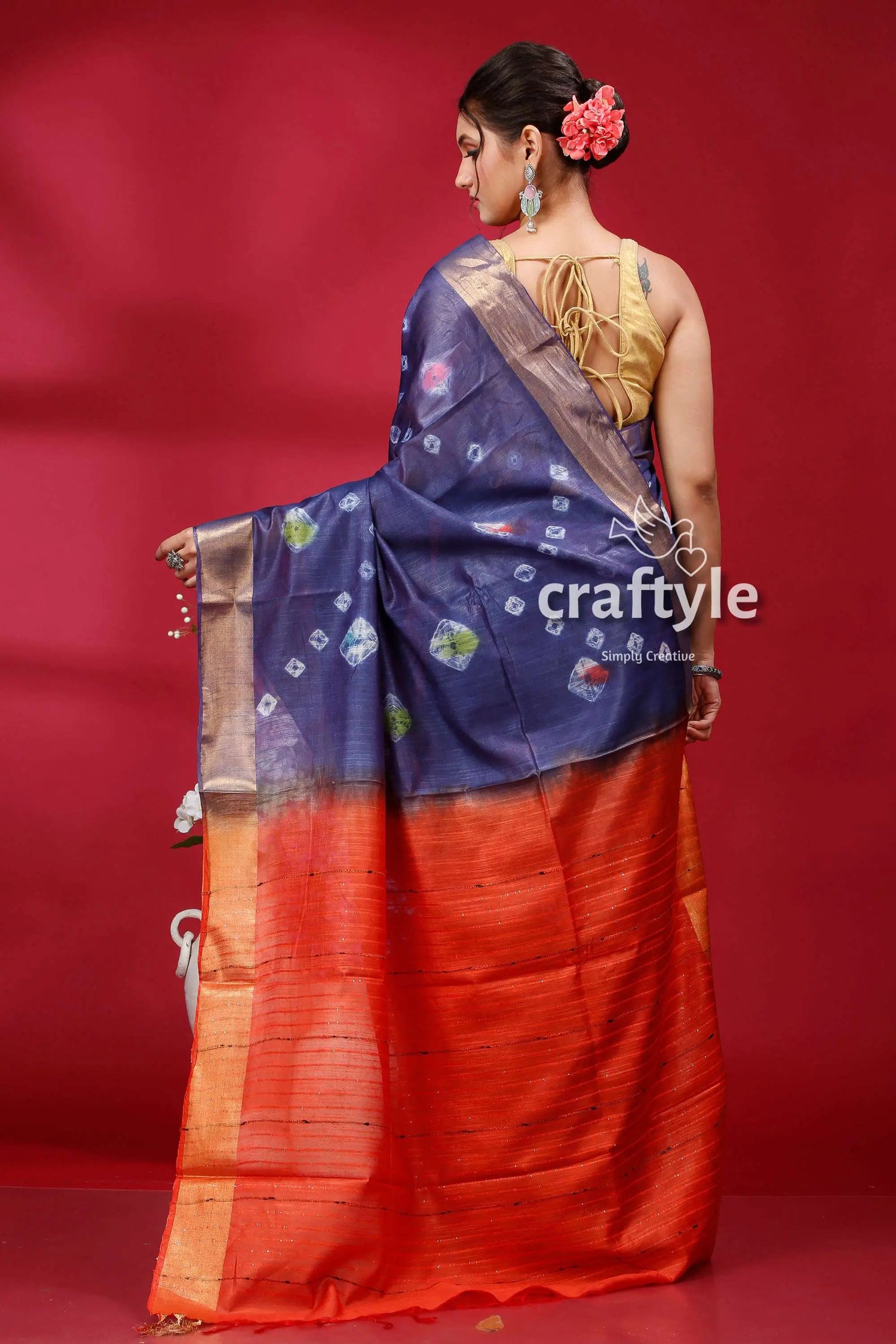 Dark slate blue bandhni silk saree - indian ethnic wear woman blue orange saree 5