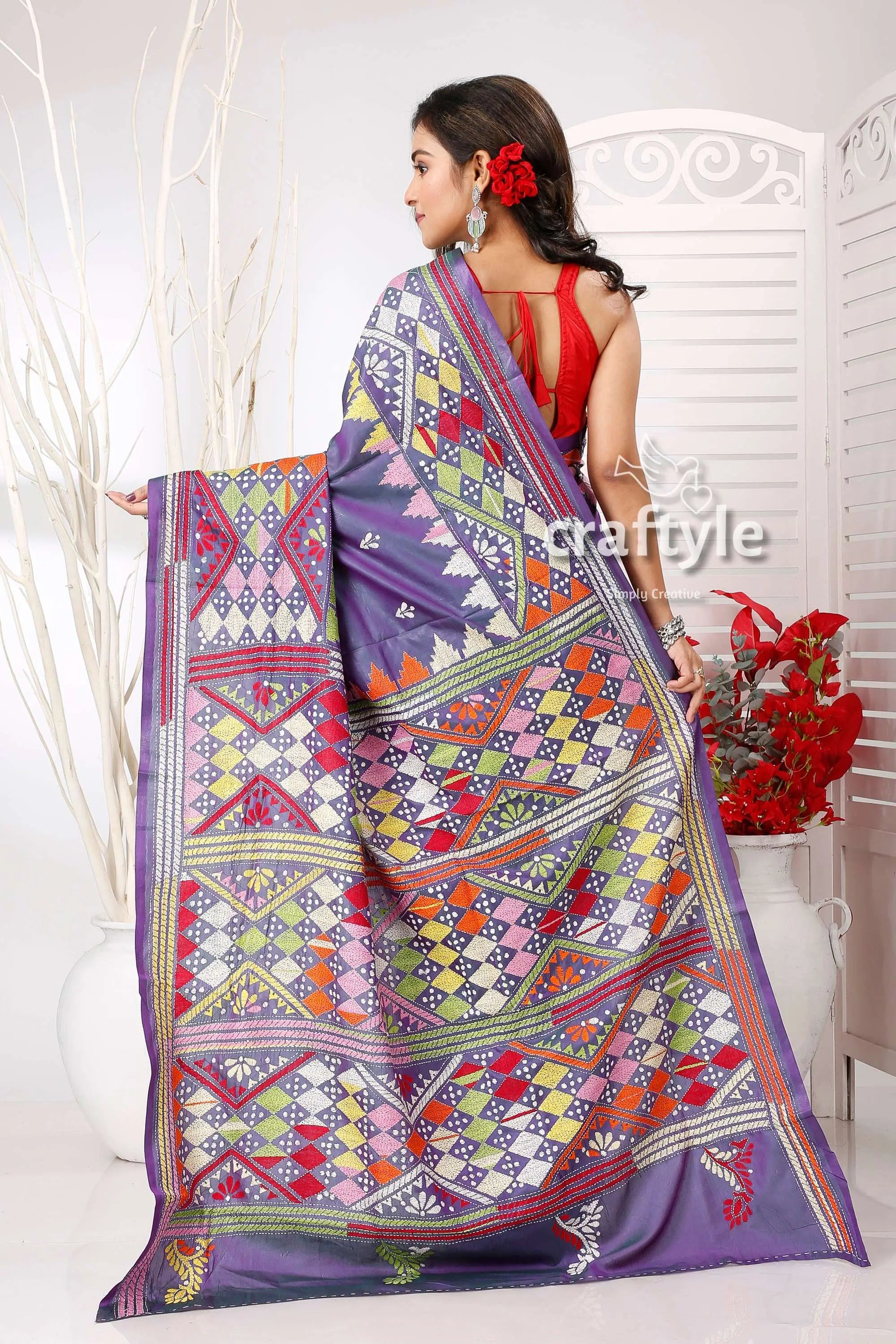 Dark slate blue-green dualtone hand embroidered silk kantha saree purple saree colorful geometric embroidery 4