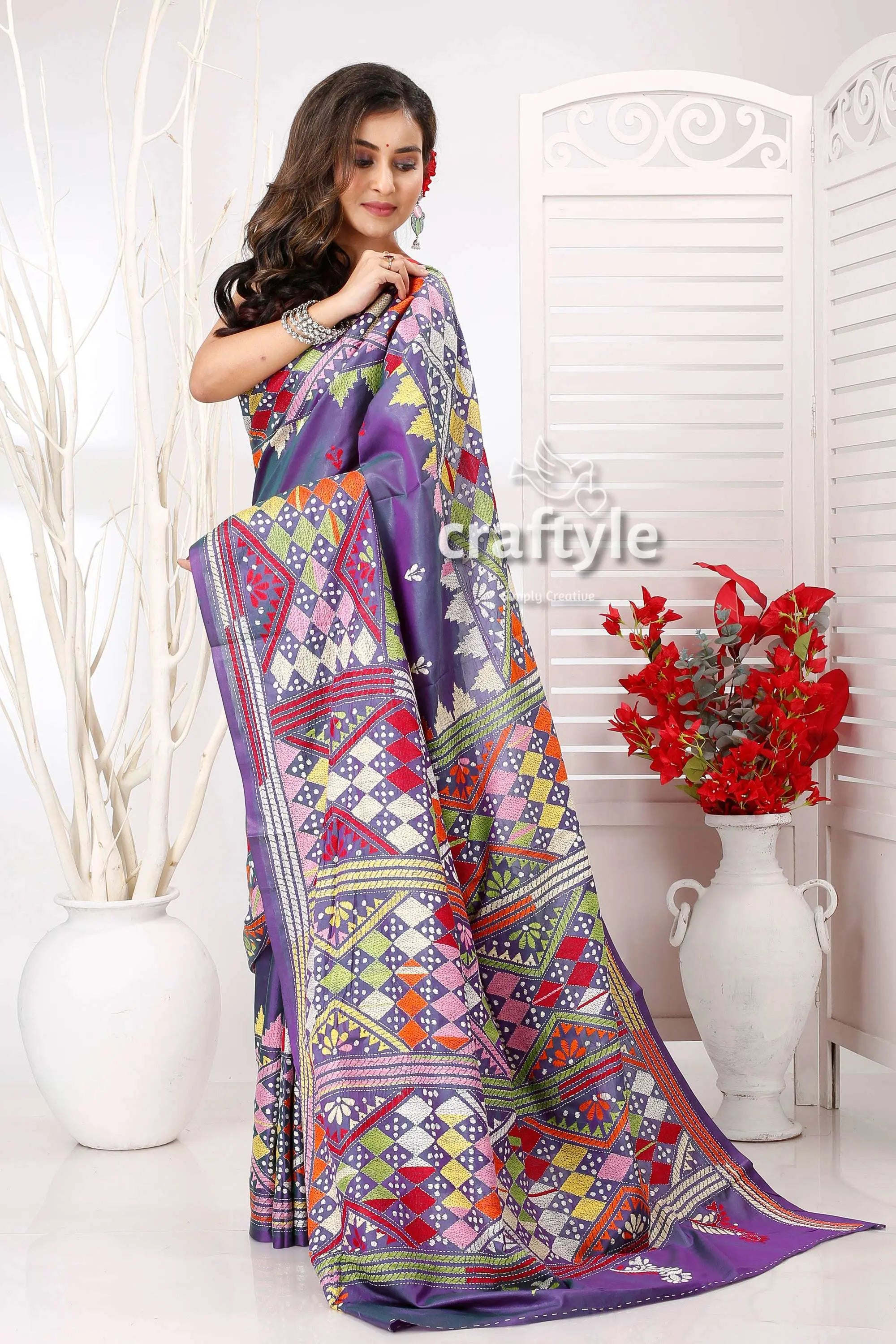 Dark slate blue-green dualtone hand embroidered silk kantha saree purple saree colorful geometric embroidery 5