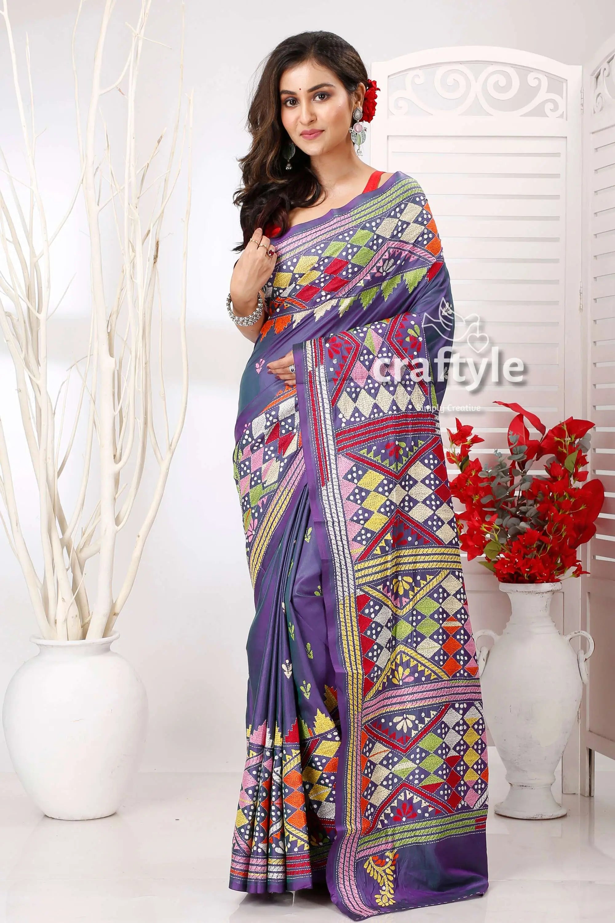 Dark slate blue-green dualtone hand embroidered silk kantha saree purple saree colorful geometric embroidery 1