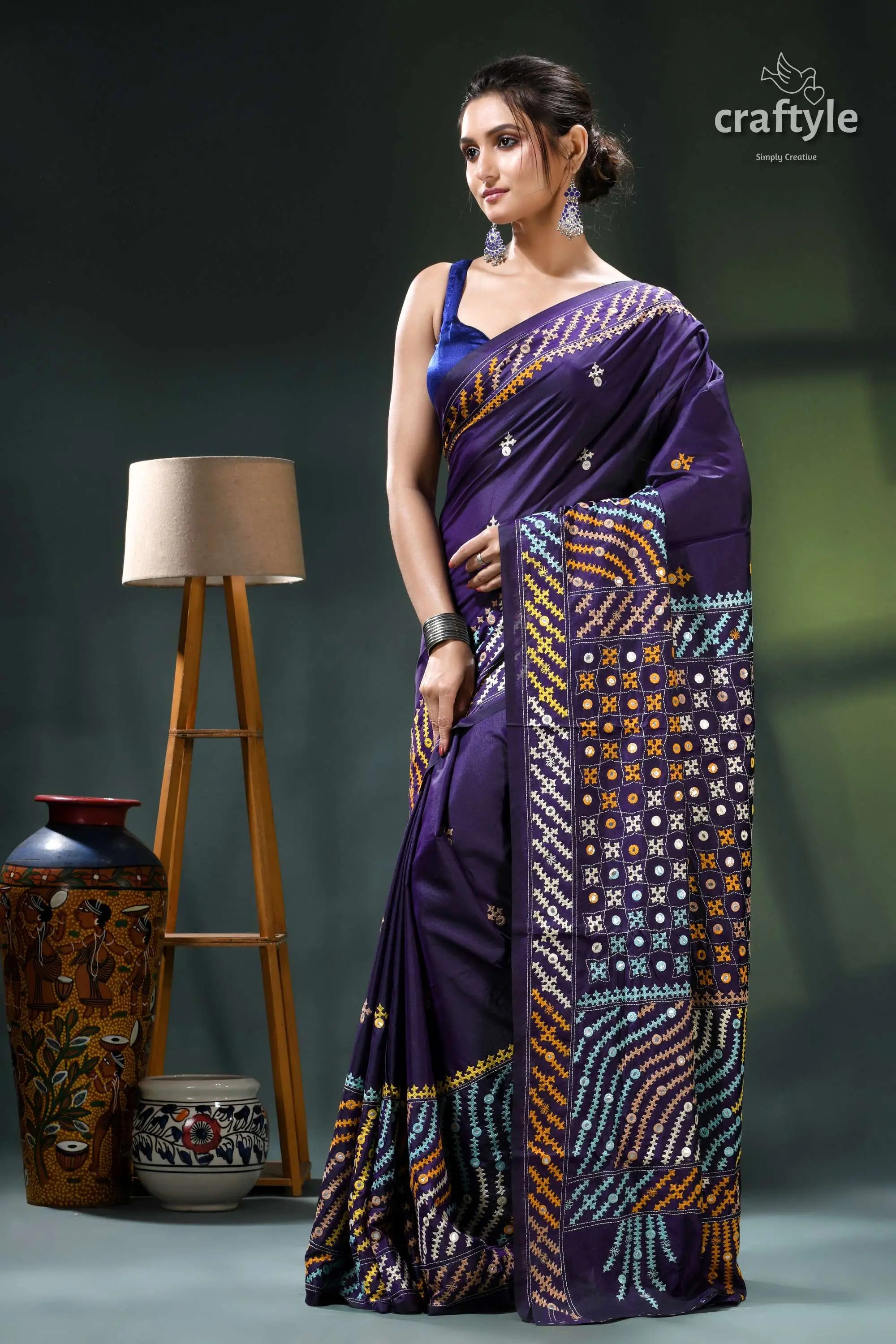 Dark slate blue multi-thread gujrati stitch silk saree with mirror work purple saree intricate white gold 3