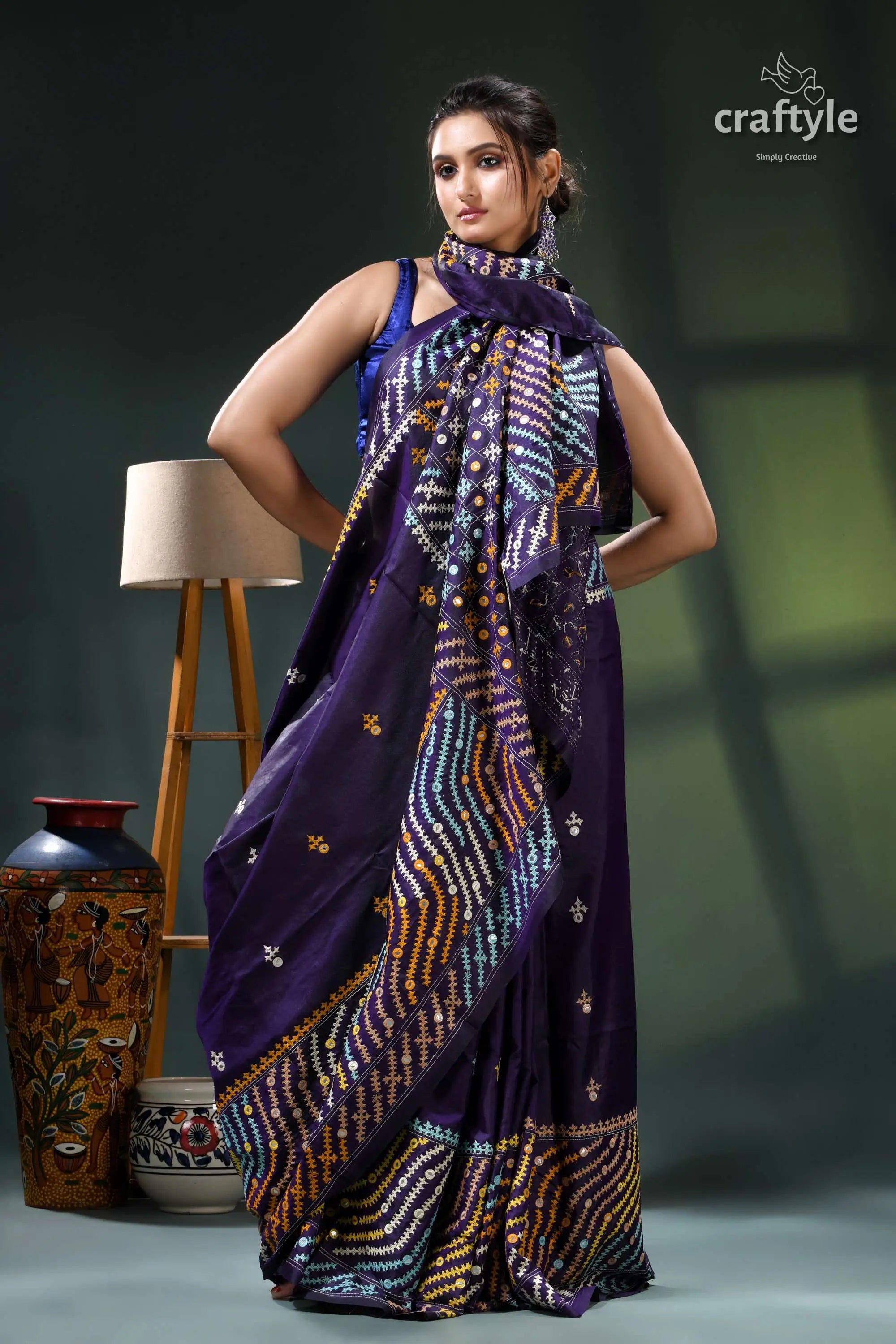 Dark slate blue multi-thread gujrati stitch silk saree with mirror work purple gold saree intricate embroidery 4