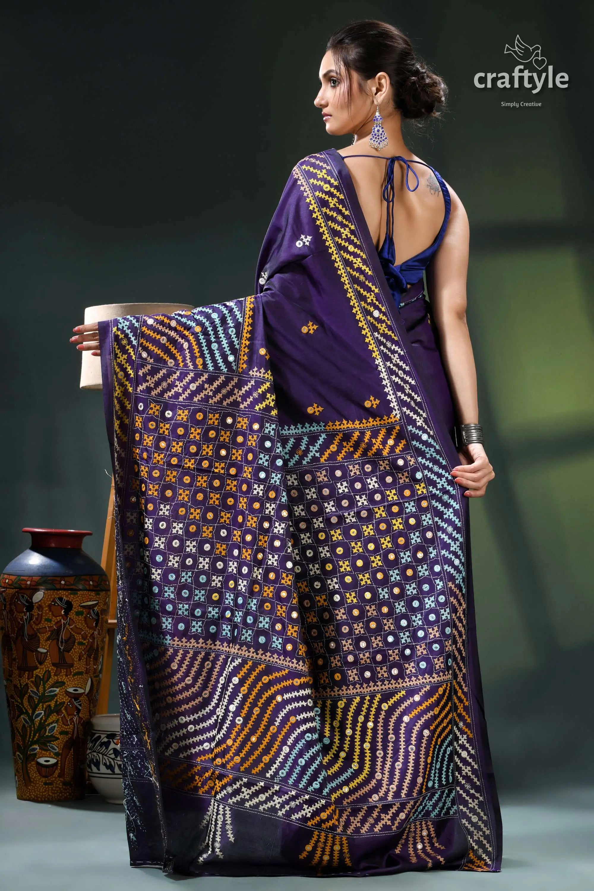 Dark slate blue multi-thread gujrati stitch silk saree with mirror work purple batik saree intricate gold 6