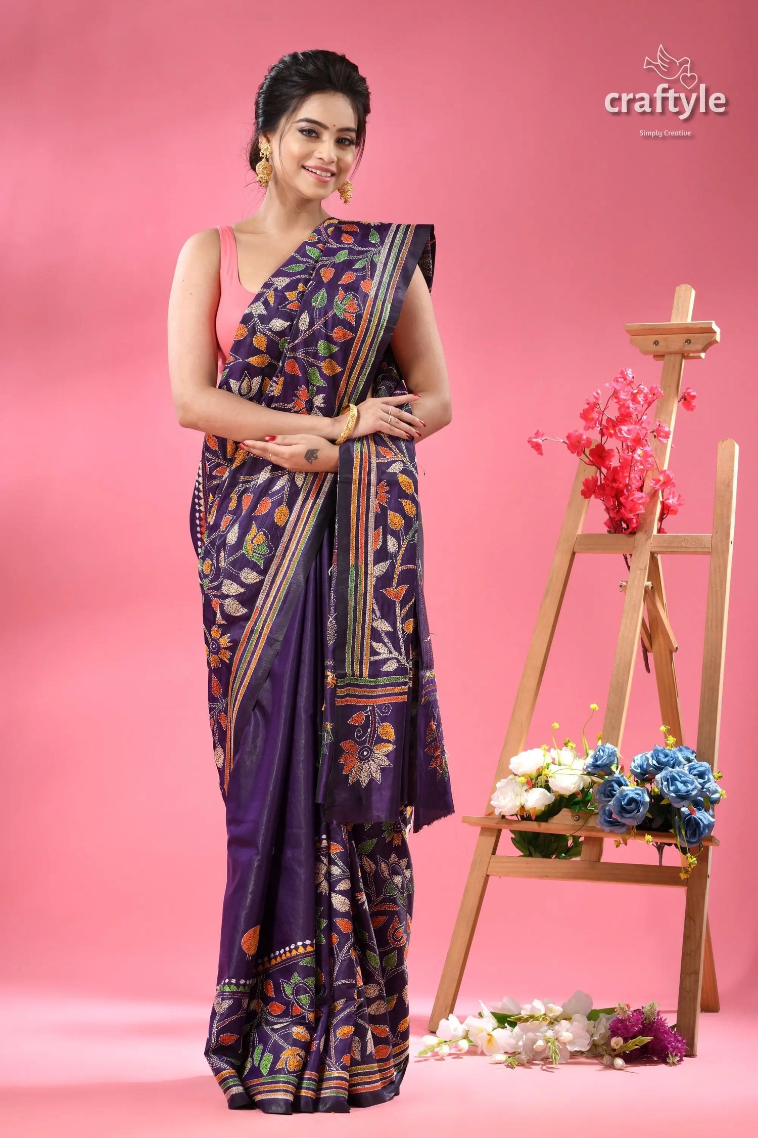 Dark slate blue multi thread traditional silk kantha saree woman purple pink floral print 3