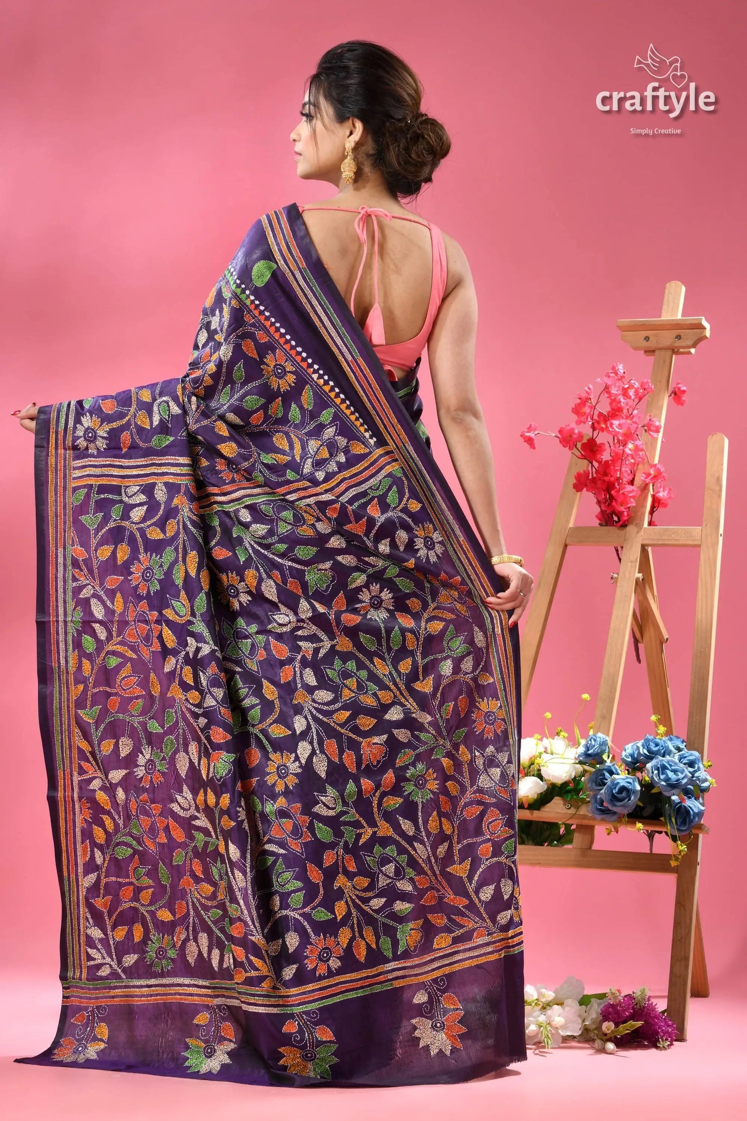 Dark slate blue multi thread traditional silk kantha saree woman models dark purple silk 5