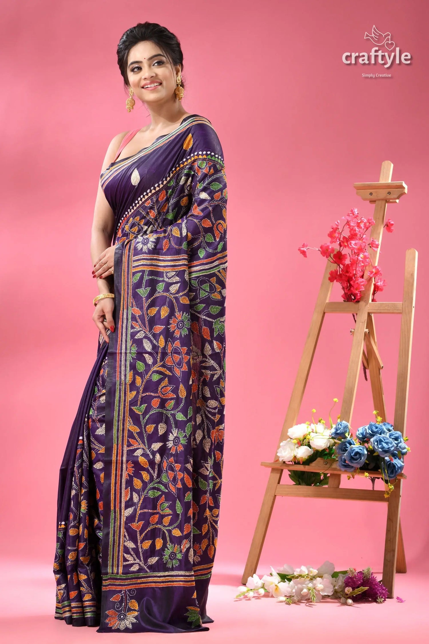 Dark slate blue multi thread traditional silk kantha saree dark blue saree colorful floral 4