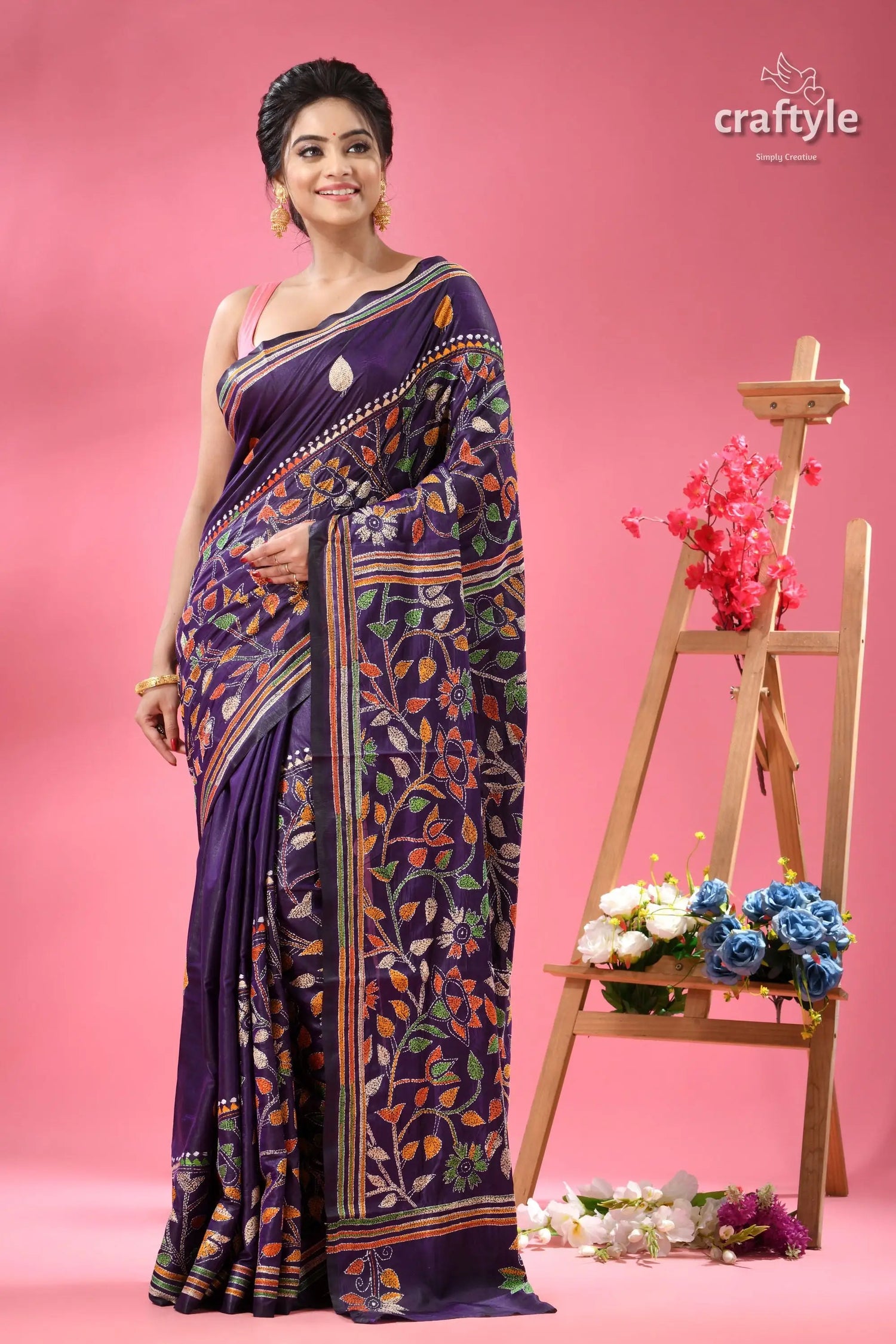 Dark slate blue multi thread traditional silk kantha saree woman dark purple floral embroidered 6