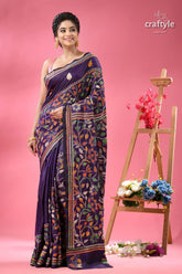 Dark slate blue multi thread traditional silk kantha saree woman dark purple floral embroidered 6