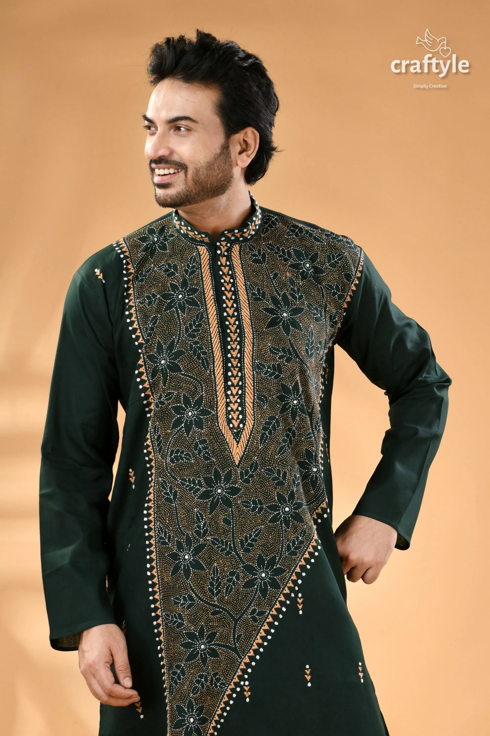 Dark slate green kantha stitched cotton kurta for men - reverse stitch men’s intricate 2