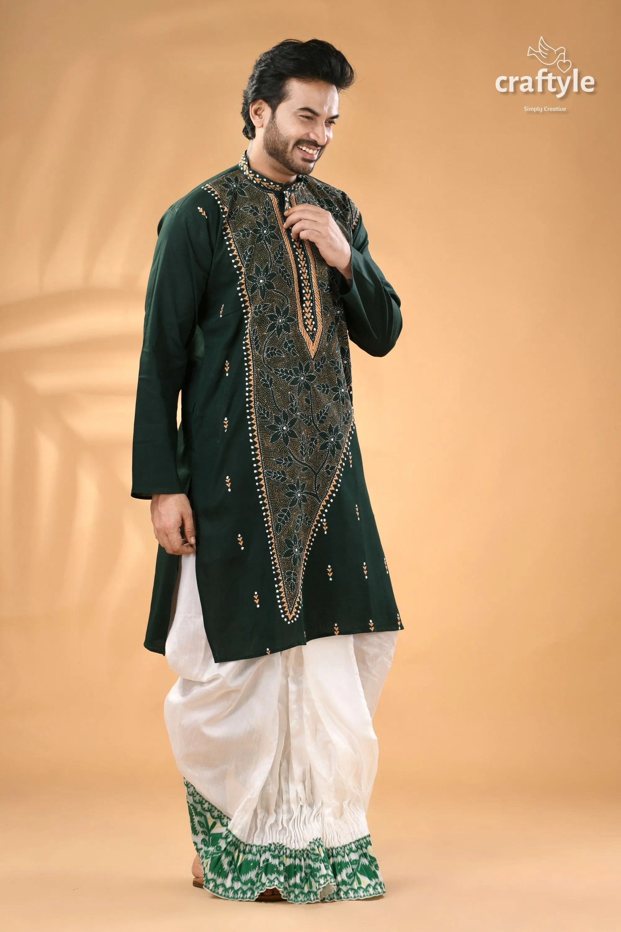 Dark slate green kantha stitched cotton kurta for men - reverse stitch men’s intricate 5
