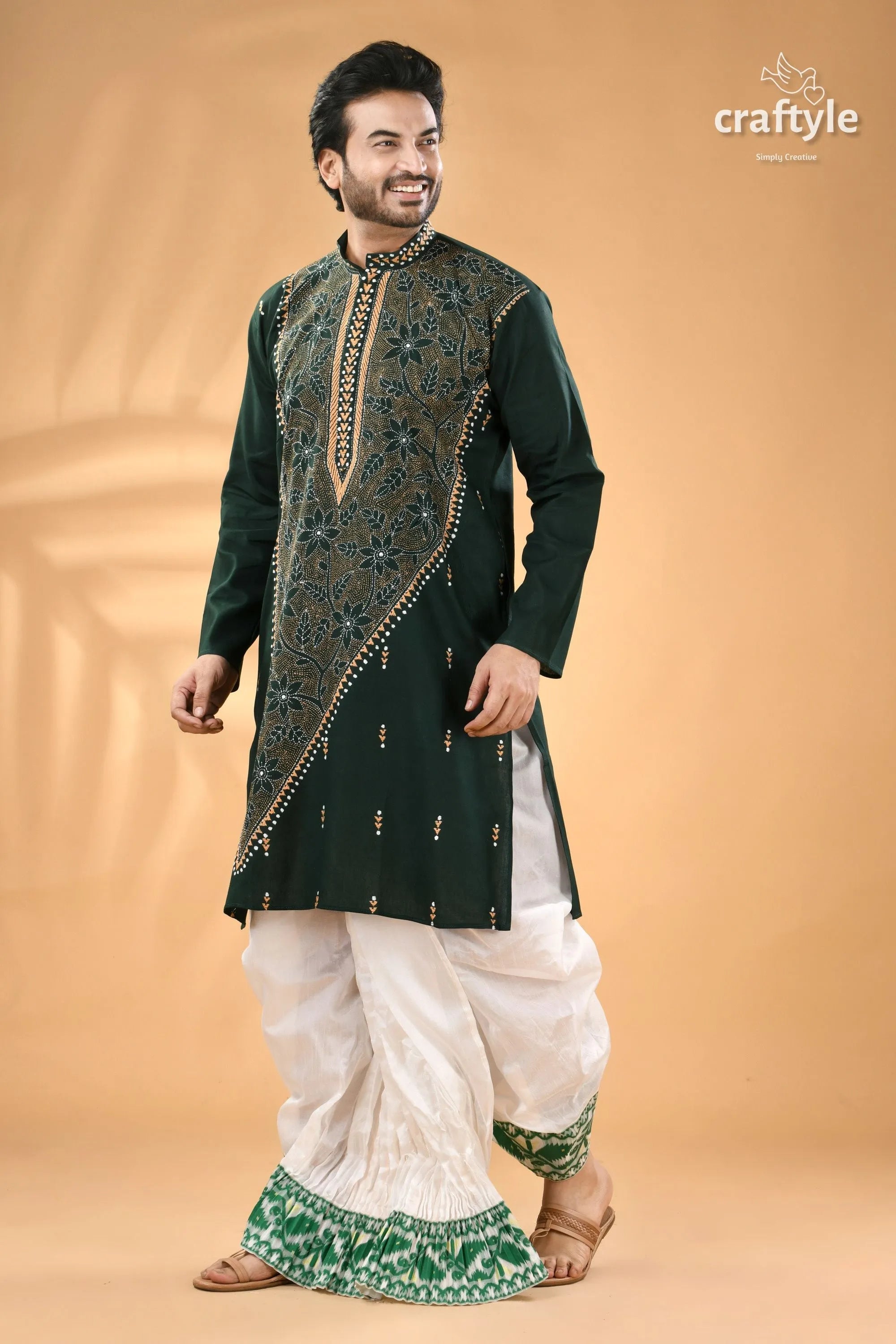 Dark slate green kantha stitched cotton kurta for men - reverse stitch man embroidered 4