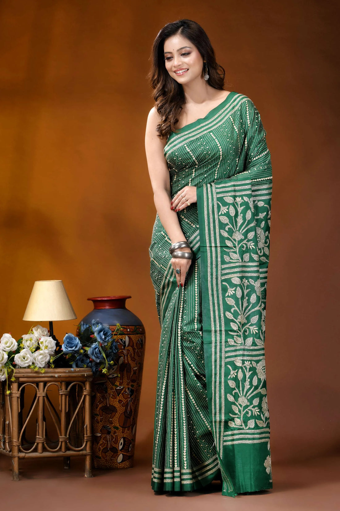 Dark spring green floral panel design handmade silk kantha saree vibrant green saree intricate white 2