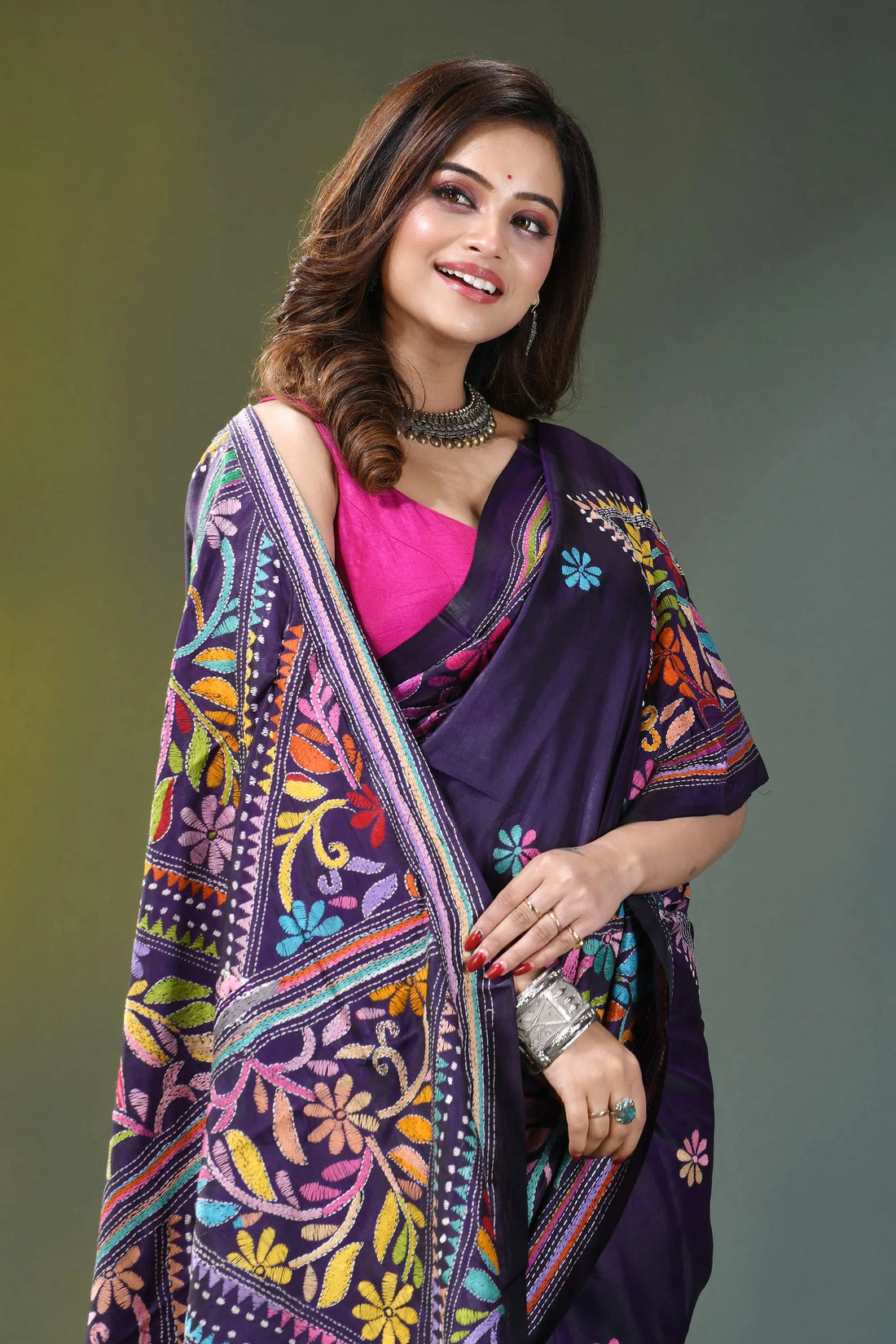 Dark violet hand embroidery floral silk kantha saree vibrant purple saree intricate multicolored 2