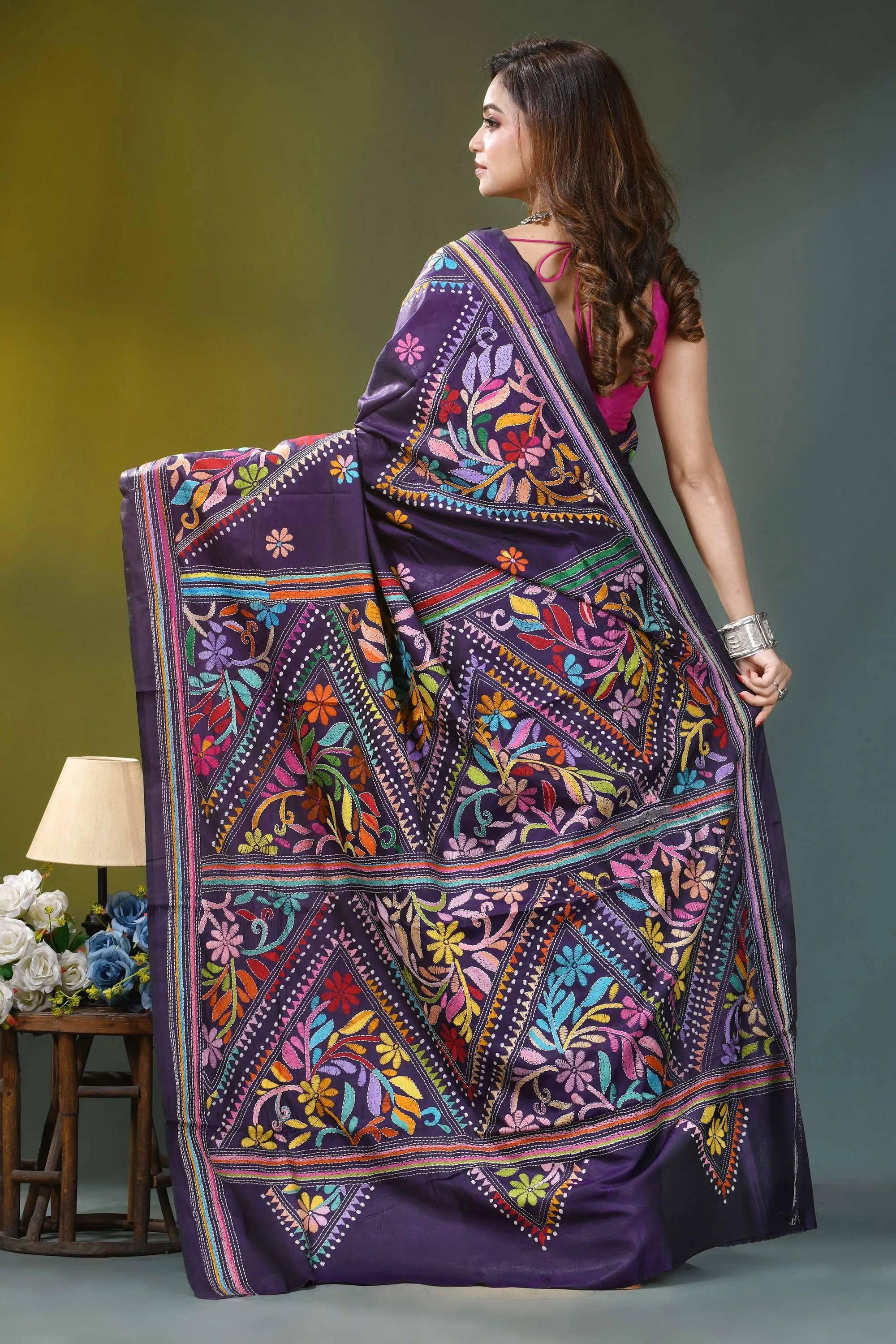 Dark violet hand embroidery floral silk kantha saree purple embroidered saree vibrant floral 5