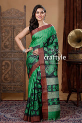 Dartmouth green & black handmade zari pure tussar kalamkari saree green black floral saree 1