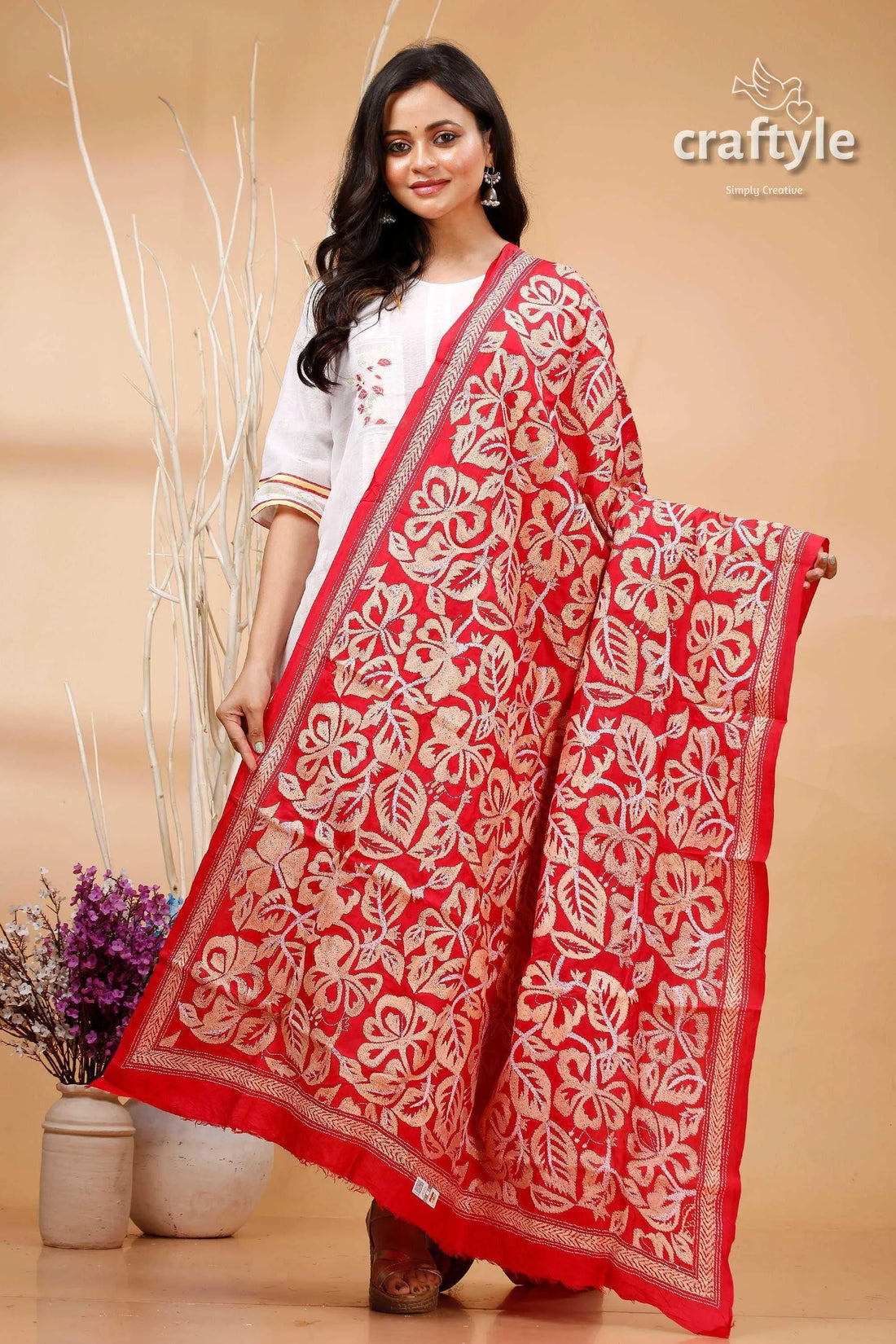 Debian red floral pure silk dupatta - elegant kantha shawl white patterned saree 1
