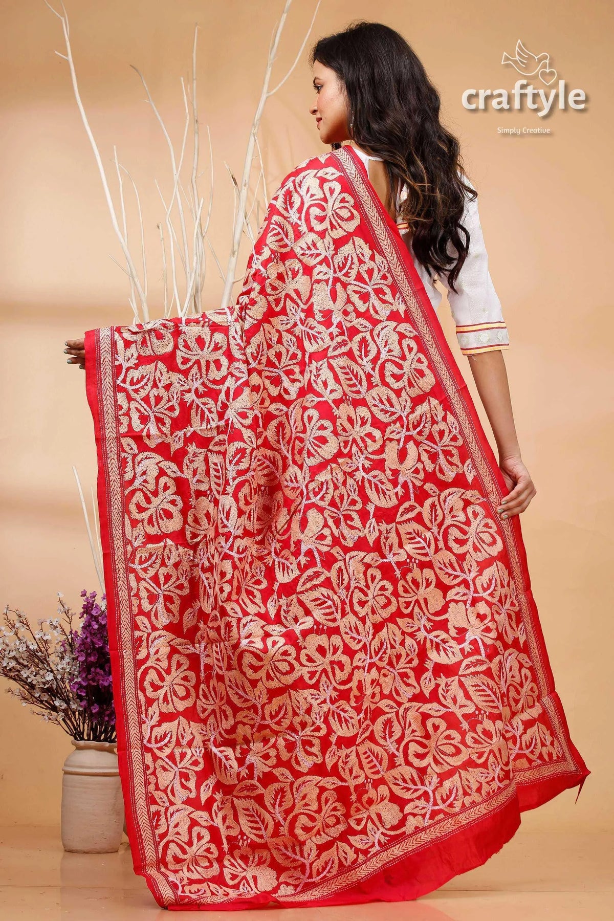 Debian red floral pure silk dupatta - elegant kantha shawl white saree intricate 3