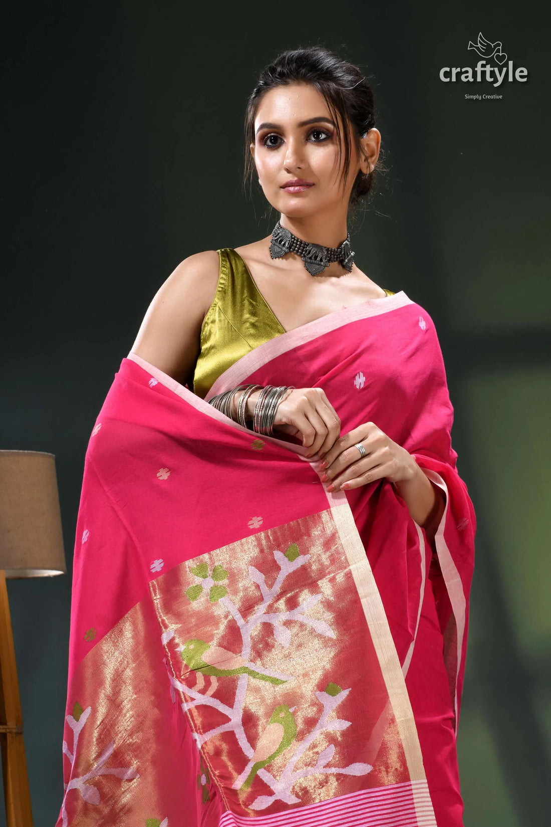Debian red handwoven soft cotton dhakai jamdani saree pink floral gold accents 2