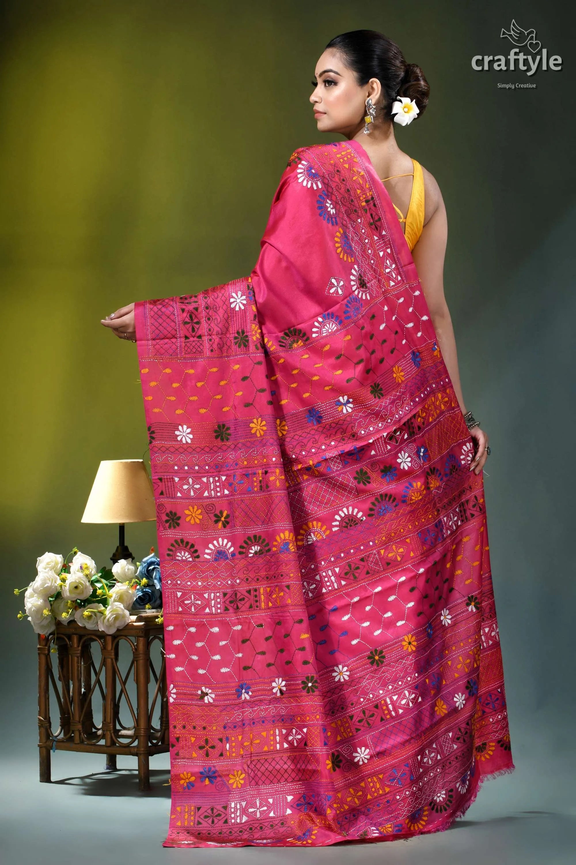 Debian red multicolor floral pattern handcrafted silk lambani saree vibrant pink saree intricate multicolored 5