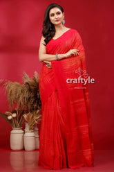 Debian red shibori handloom cotton saree - traditional tie dye design red saree gold accents 1