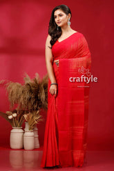 Debian red shibori handloom cotton saree - traditional tie dye design red saree gold accents 3