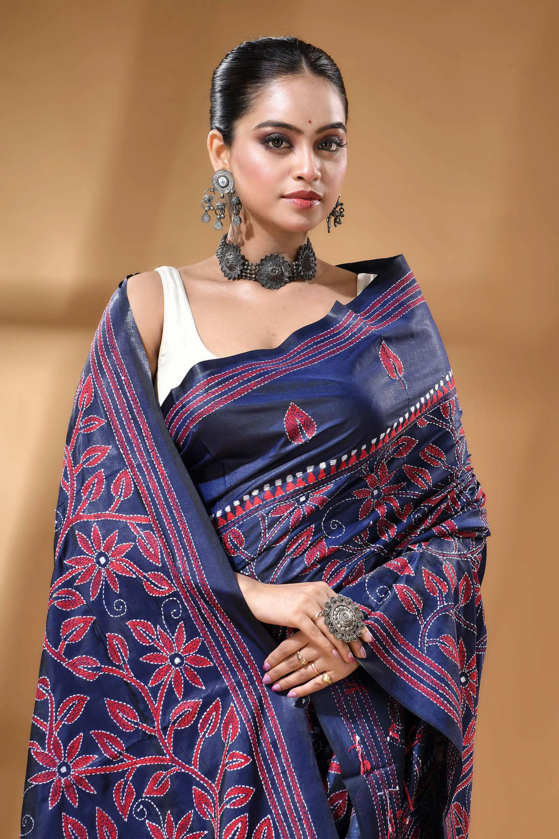 Deep blue red thread handcrafted floral silk kantha work saree navy blue saree intricate red 2