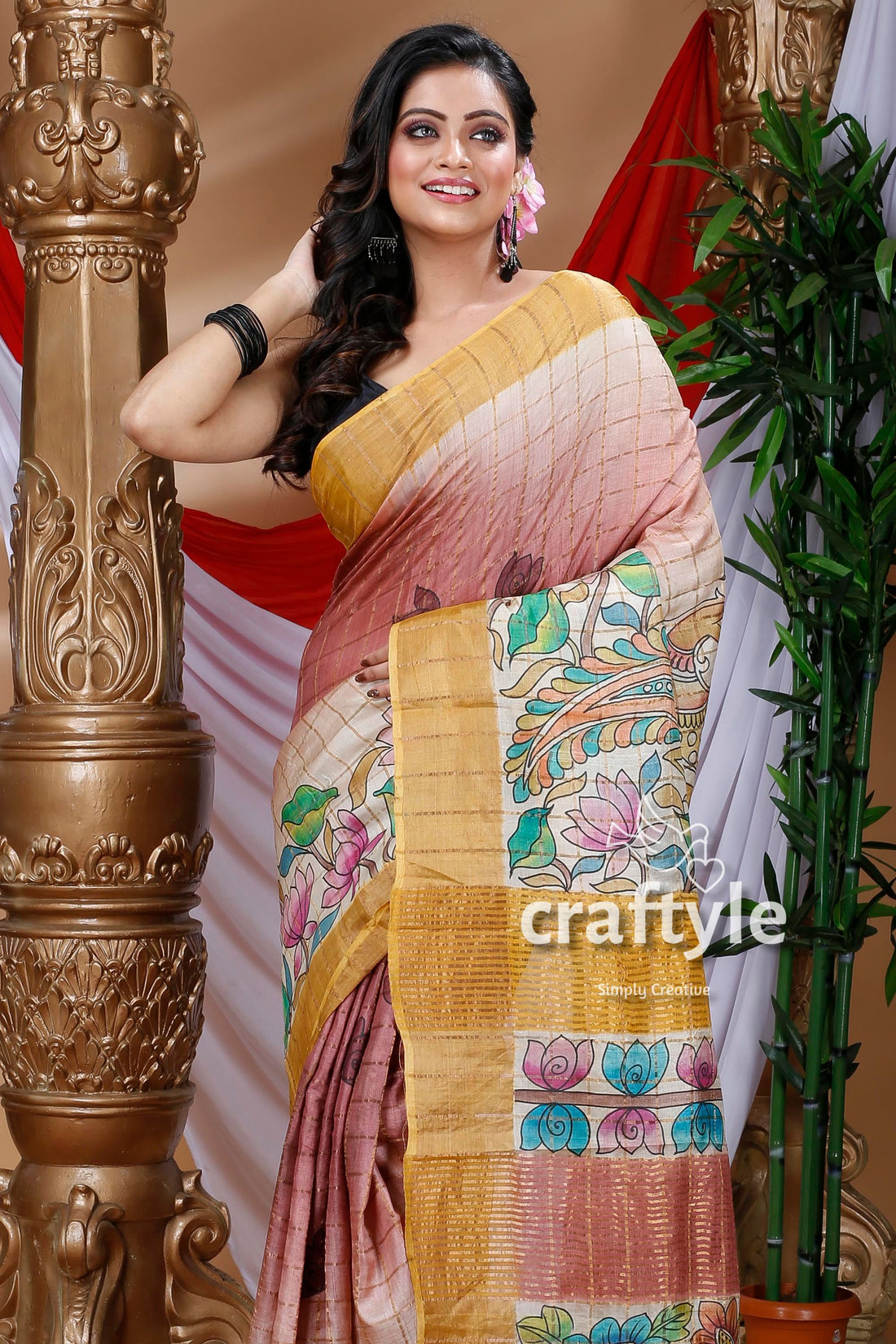 Deep Blush Authentic Zari Pure Tussar Kalamkari Art Saree - Craftyle