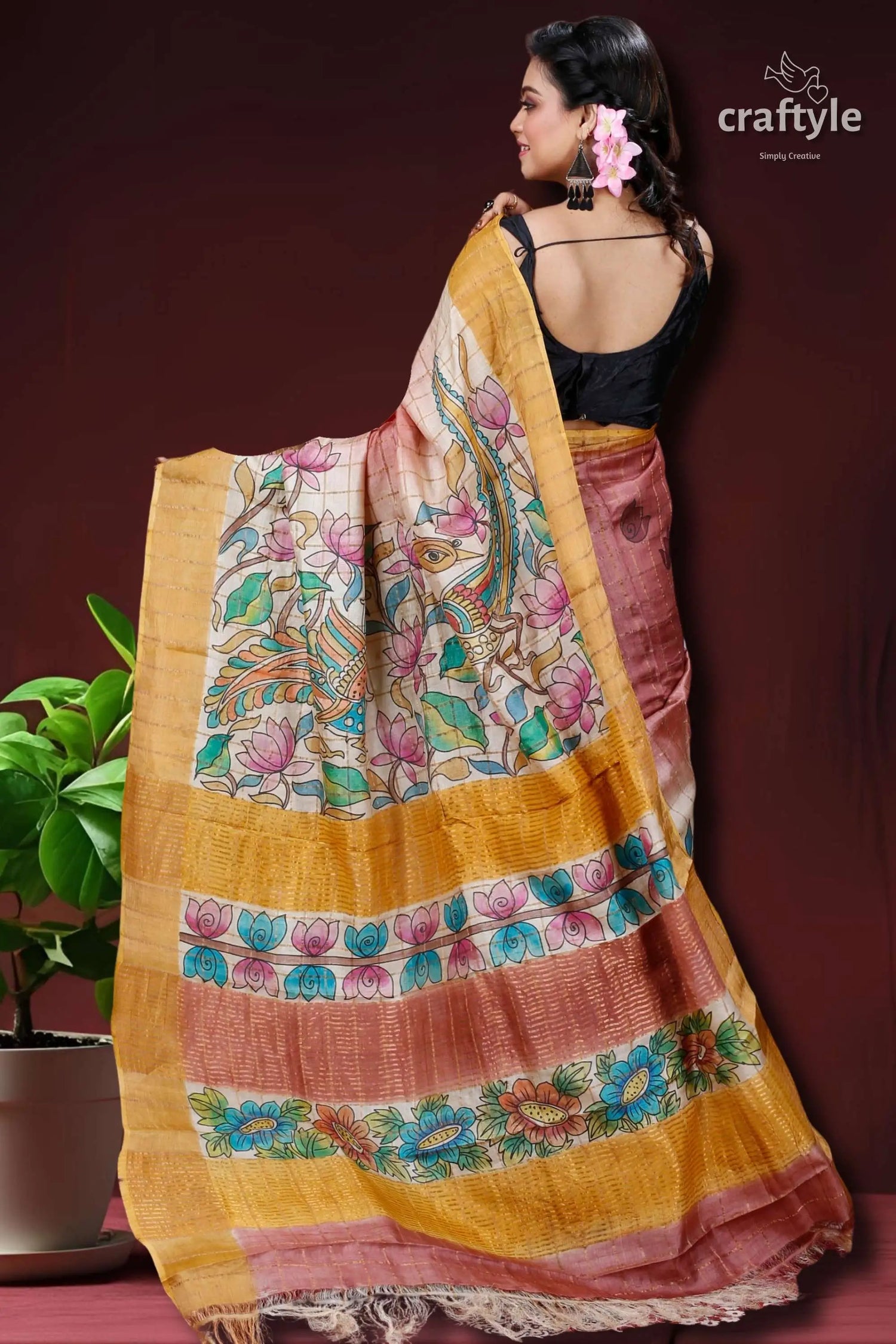 Deep blush authentic zari pure tussar kalamkari art saree hand-painted silk saree 4