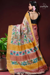 Deep blush authentic zari pure tussar kalamkari art saree hand-painted silk saree 4