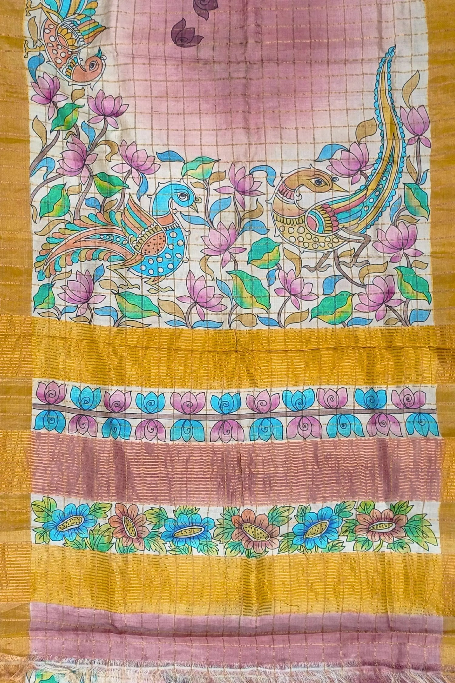 Deep blush authentic zari pure tussar kalamkari art saree hand-painted silk fabric floral bird 5