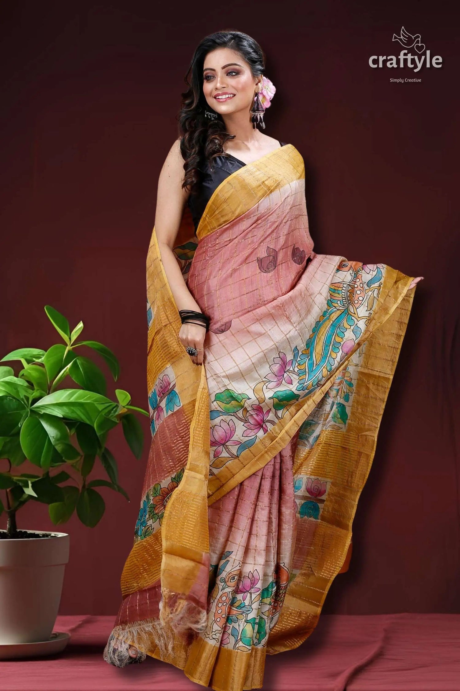 Deep blush authentic zari pure tussar kalamkari art saree woman pink gold saree 3