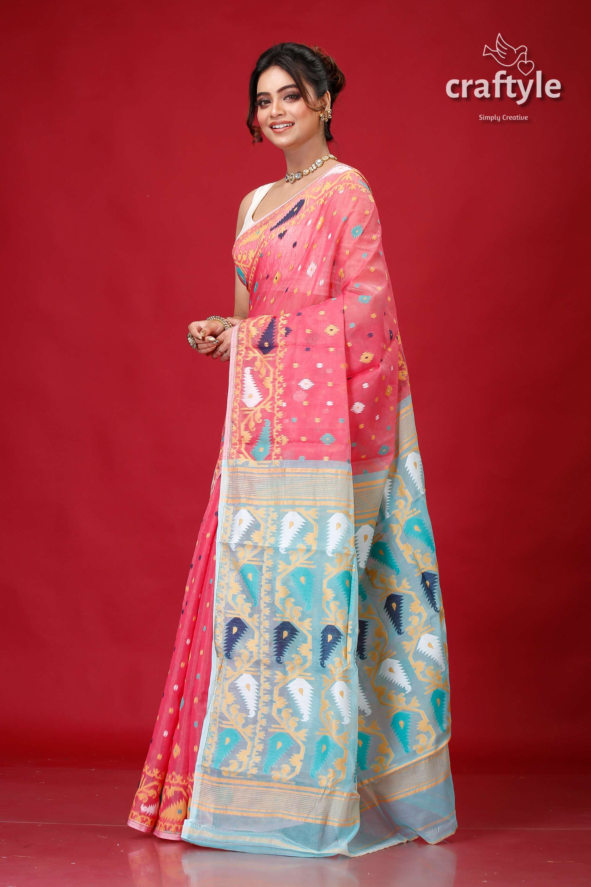 Deep Blush Traditional Handloom Soft Jamdani Sari-Craftyle