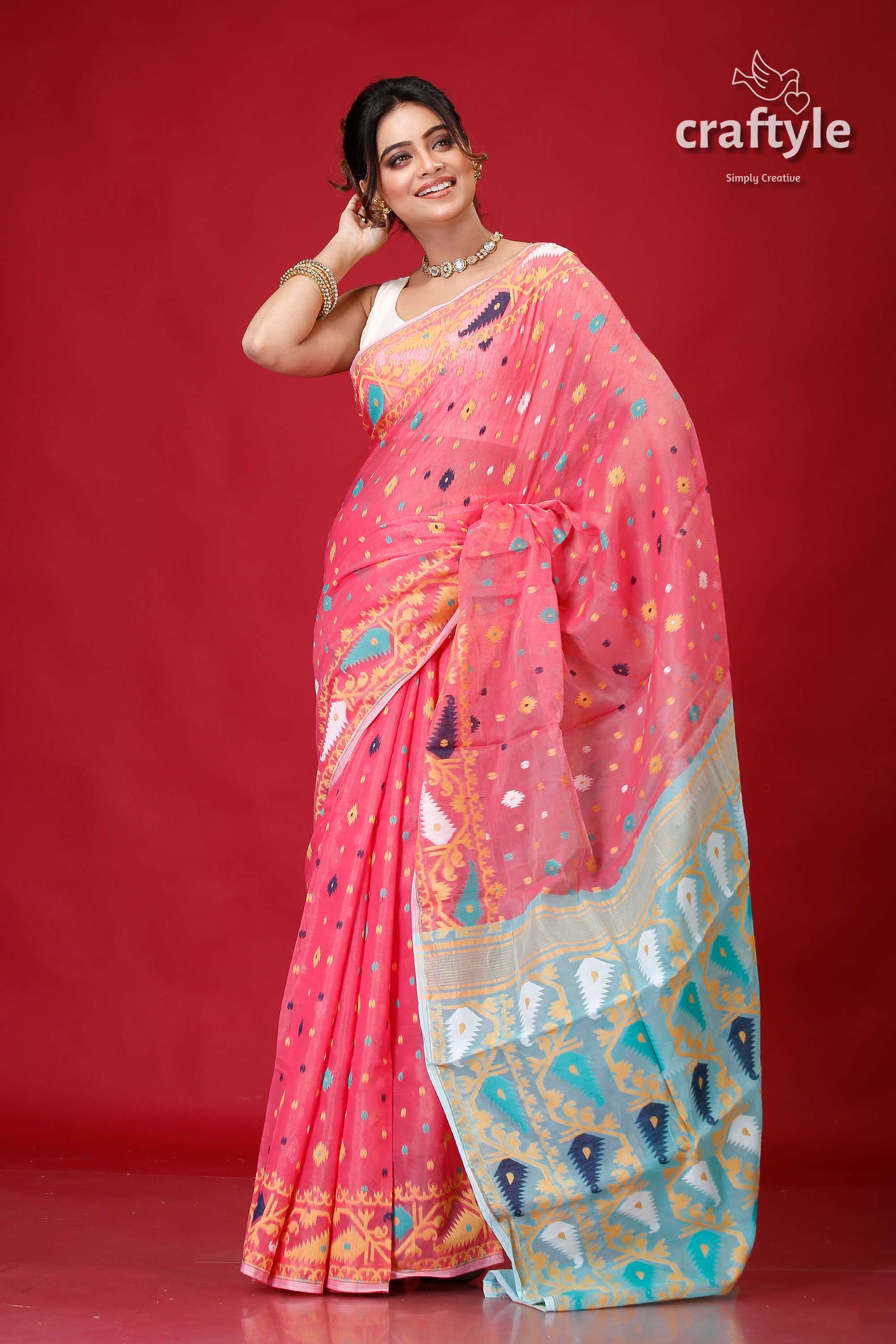 Deep Blush Traditional Handloom Soft Jamdani Sari-Craftyle