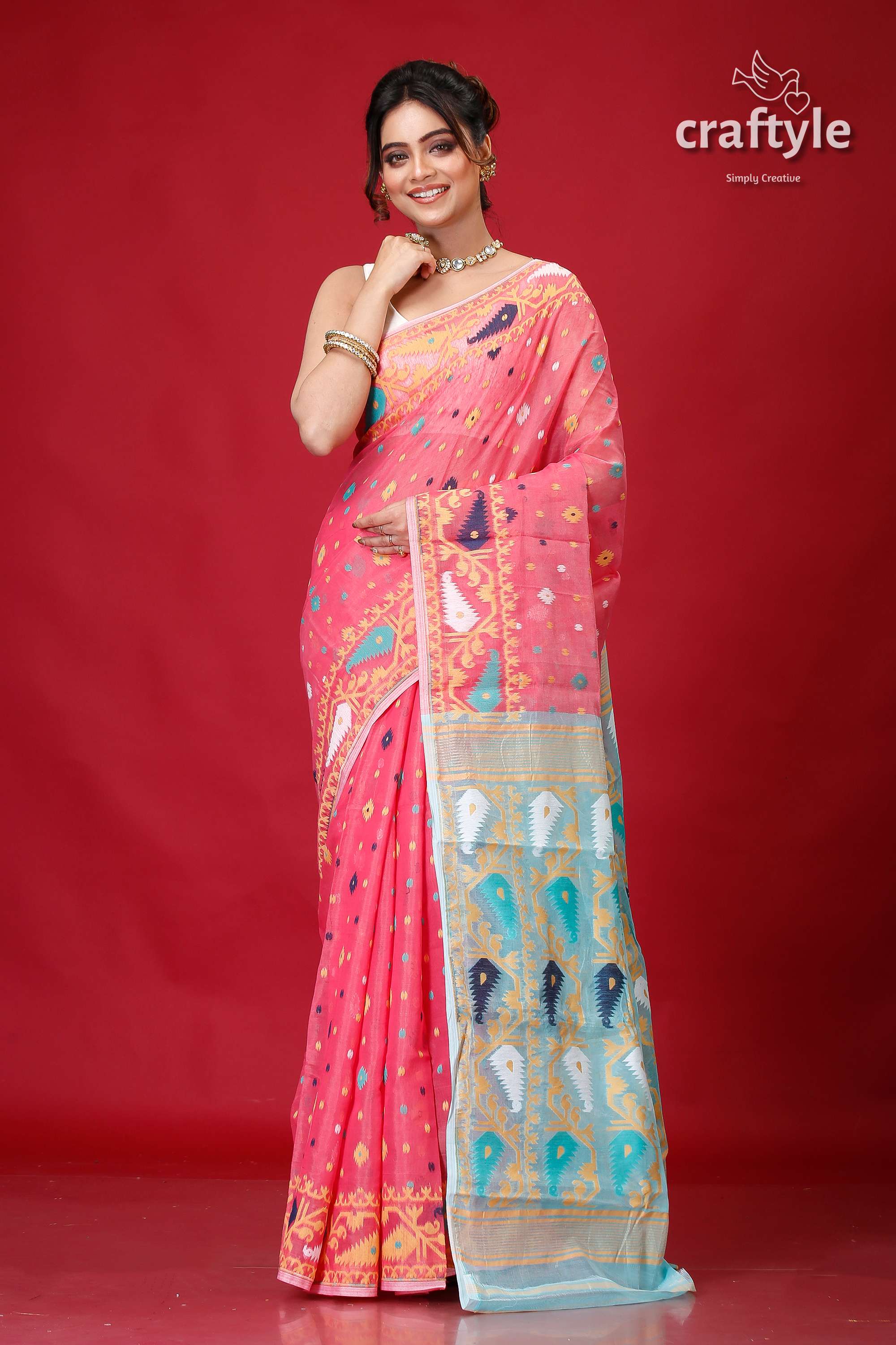 Deep Blush Traditional Handloom Soft Jamdani Sari-Craftyle