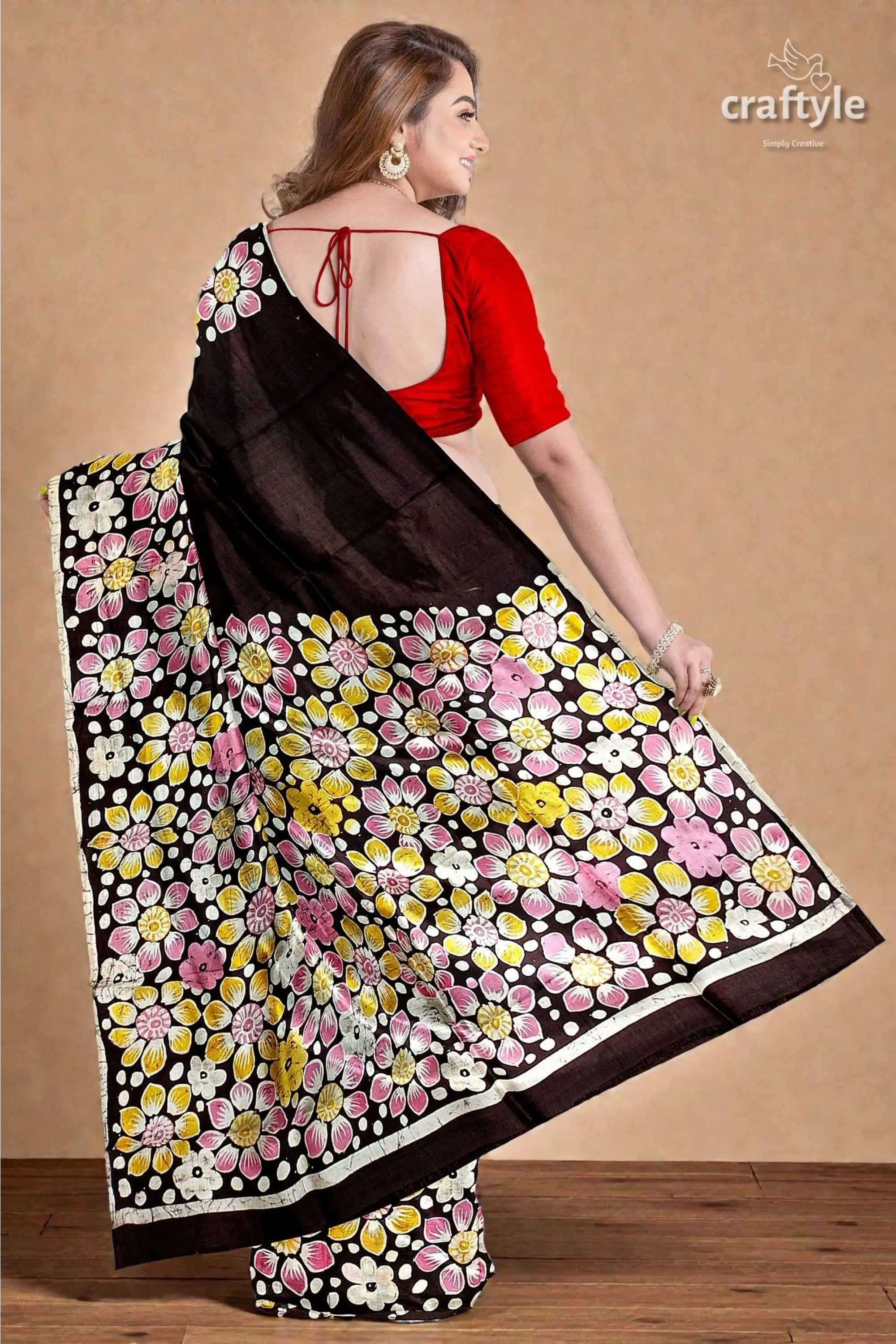 Deep brown floral hand batik pure mulberry silk saree 6