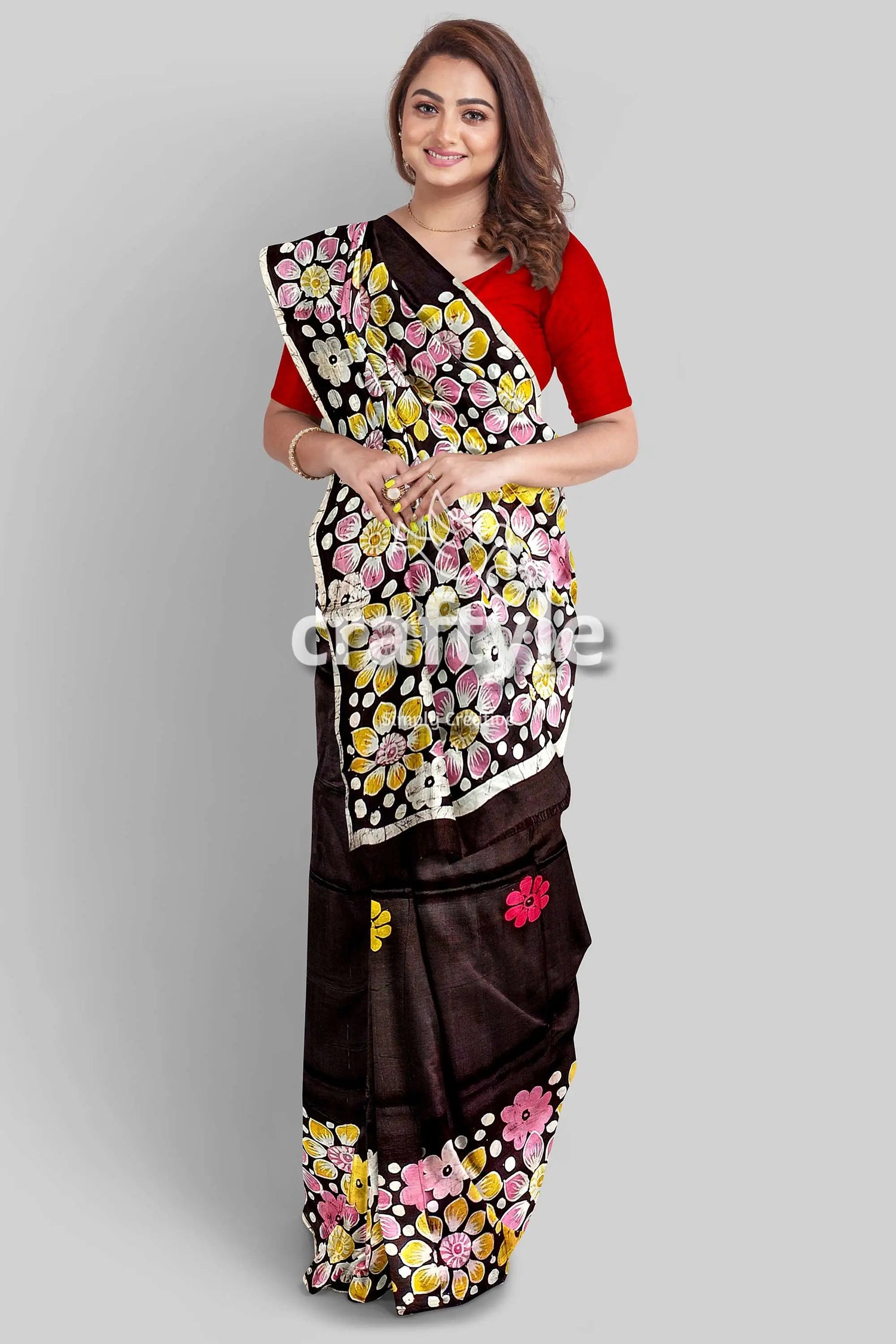 Deep brown floral hand batik pure mulberry silk saree woman floral-patterned saree 4