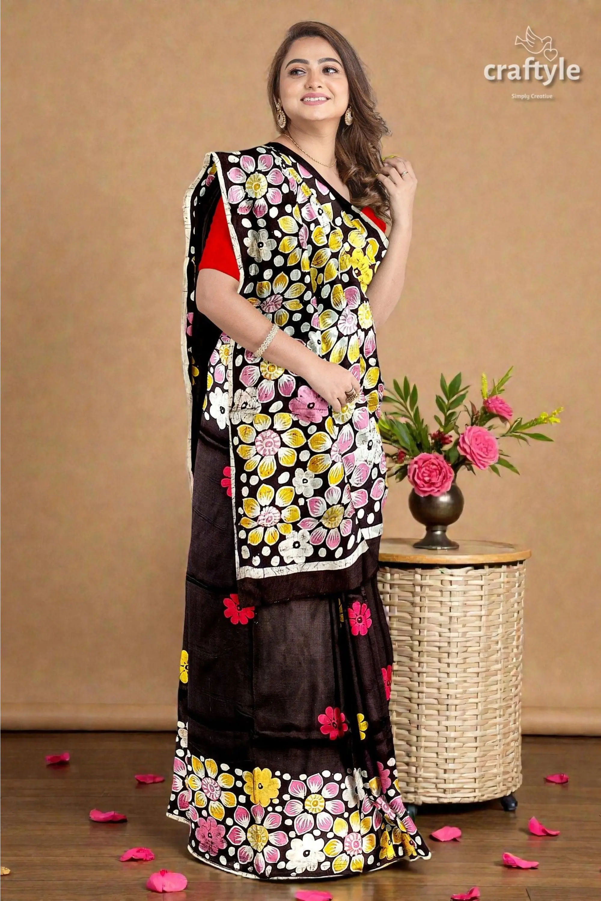 Deep brown floral hand batik pure mulberry silk saree 5