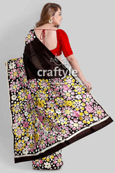 Deep brown floral hand batik pure mulberry silk saree floral-patterned saree dark border 6