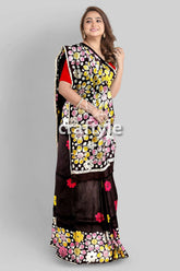 Deep brown floral hand batik pure mulberry silk saree floral-patterned black saree 5