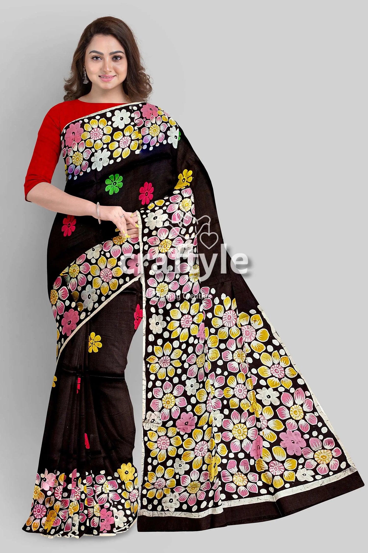 Deep brown floral hand batik pure mulberry silk saree black floral saree red blouse 1