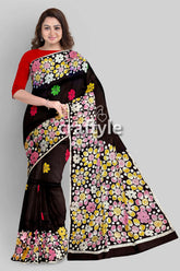 Deep brown floral hand batik pure mulberry silk saree black floral saree red blouse 1