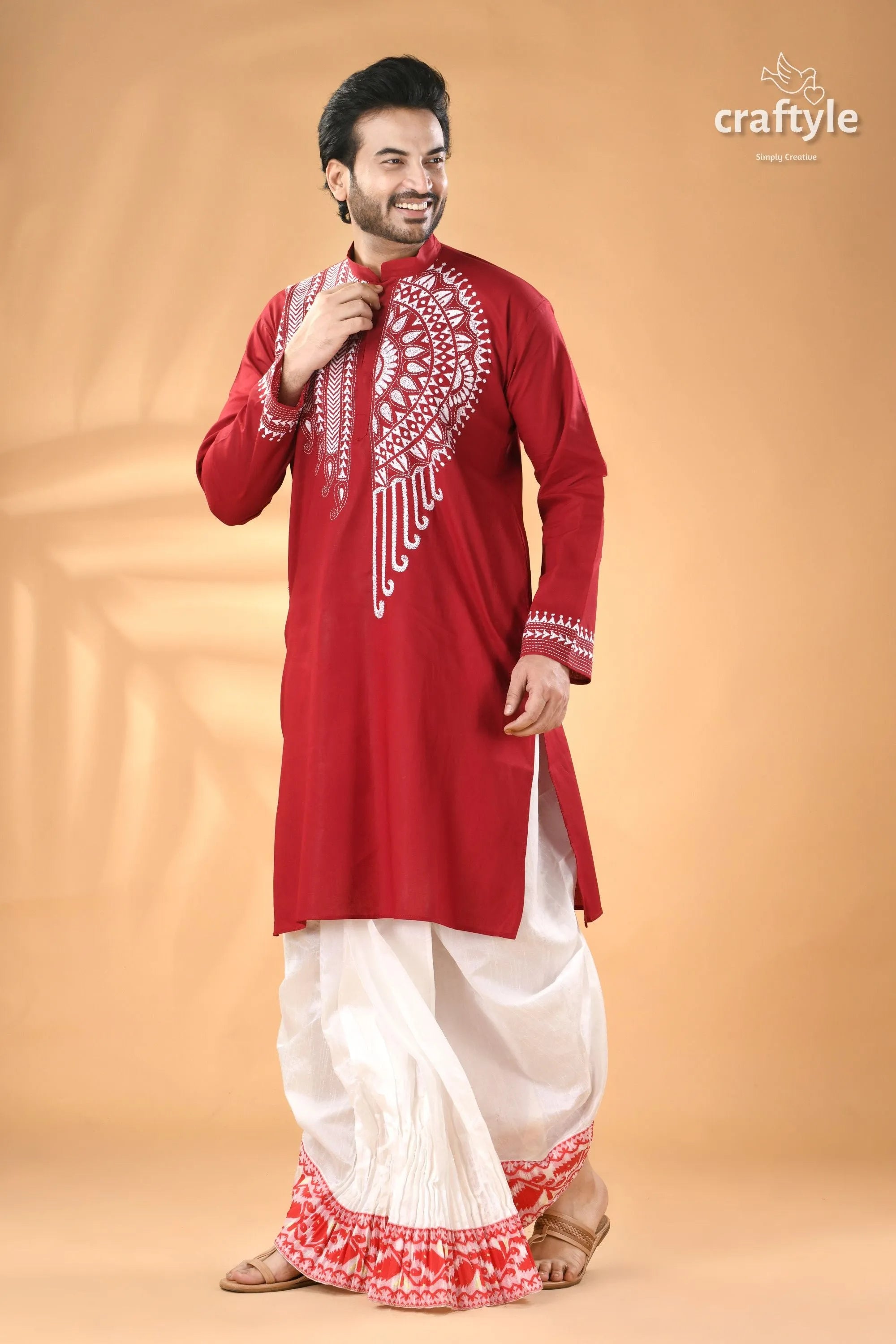 Deep caramine white thread kantha stitch cotton panjabi for men men’s red embroidered kurta 1