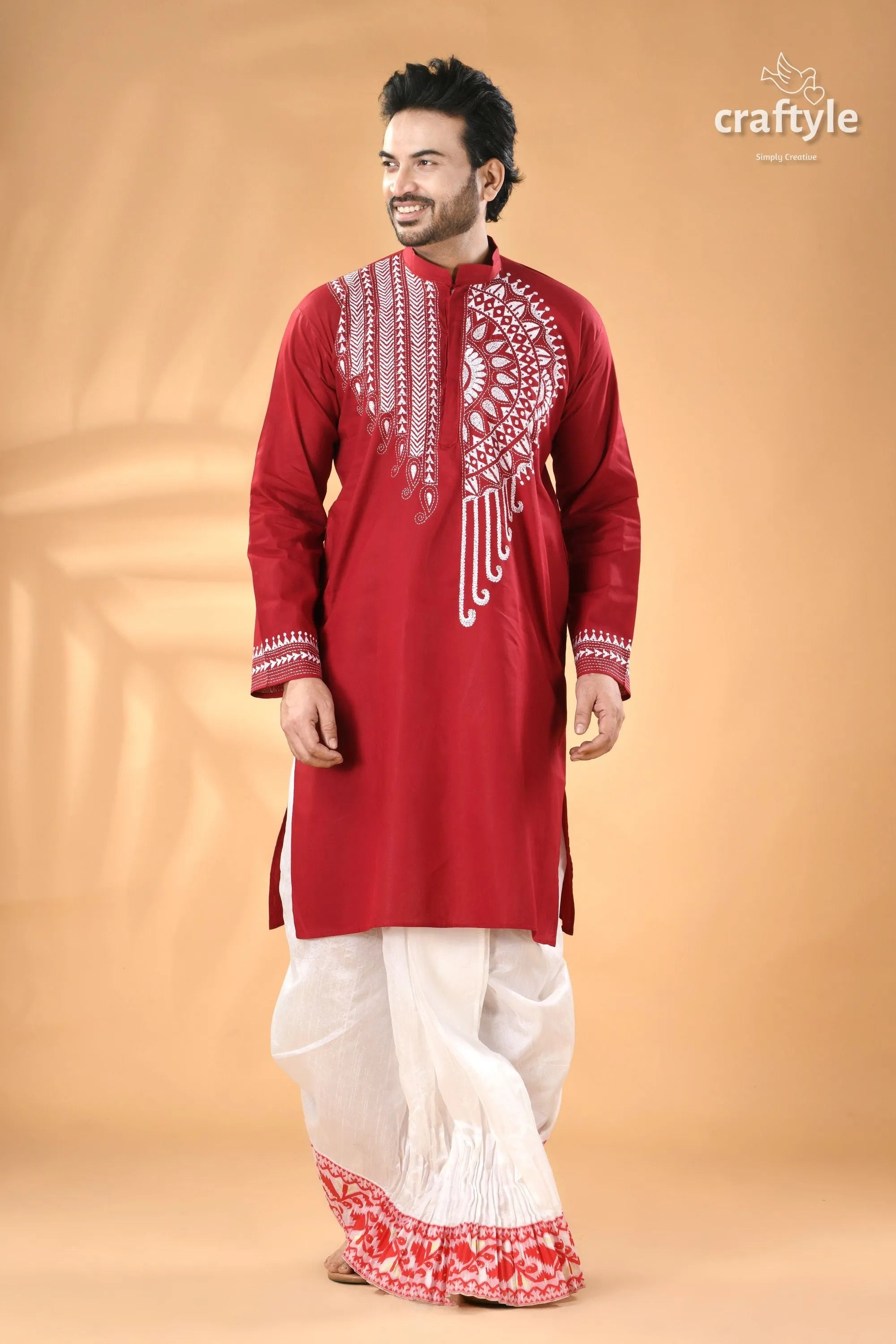 Deep caramine white thread kantha stitch cotton panjabi for men men’s red embroidered kurta 3