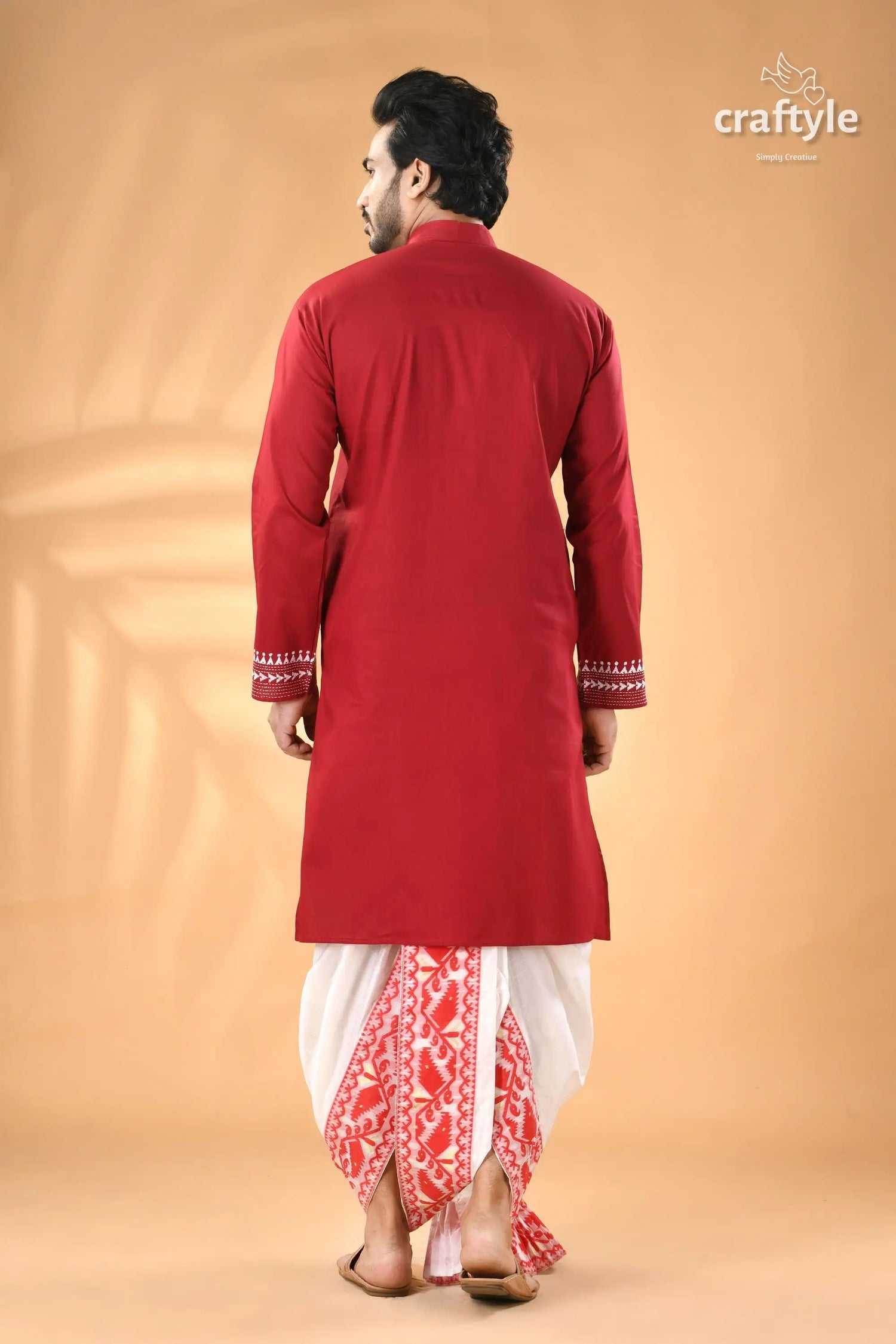 Deep caramine white thread kantha stitch cotton panjabi for men men’s red kurta embroidered dhoti 6