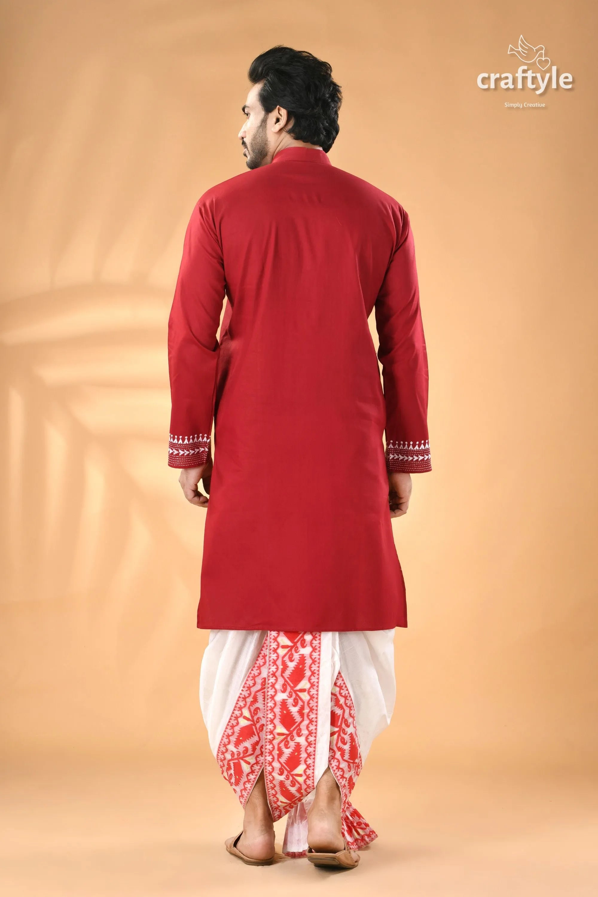 Deep caramine white thread kantha stitch cotton panjabi for men men’s red kurta embroidered dhoti 6