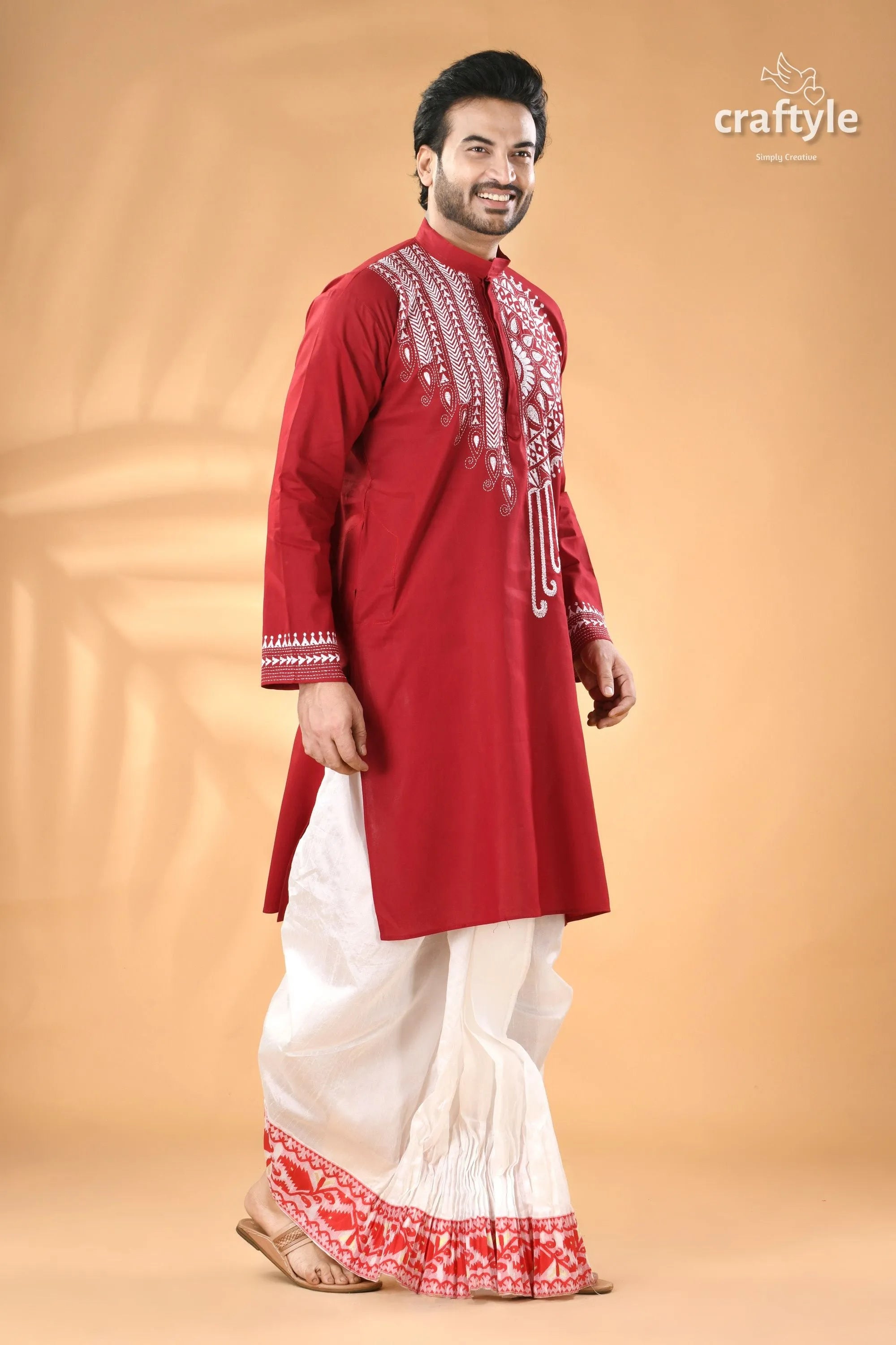 Deep caramine white thread kantha stitch cotton panjabi for men men’s red embroidered kurta 4