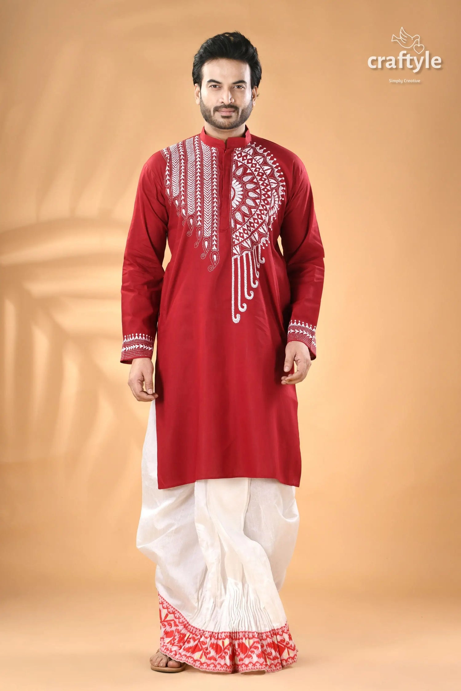 Deep caramine white thread kantha stitch cotton panjabi for men men’s red embroidered kurta white 5