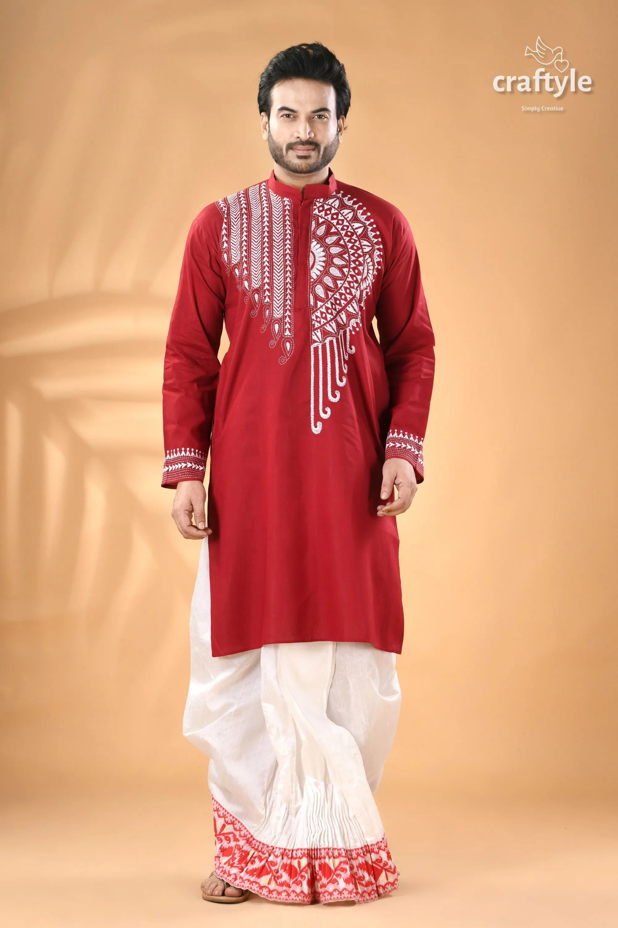 Deep caramine white thread kantha stitch cotton panjabi for men men’s red embroidered kurta 5